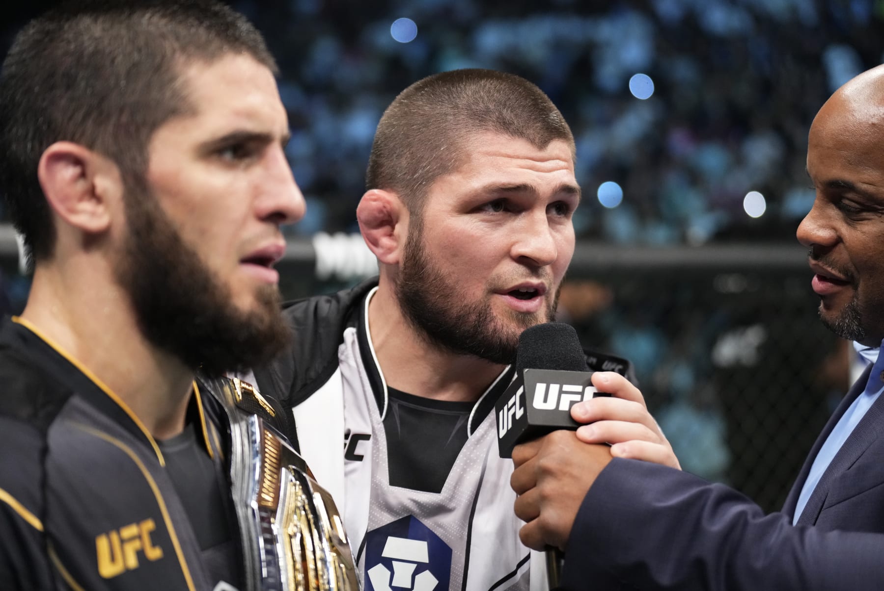 Khabib Nurmagomedov reacts after his teammate Islam Makhachev defeats Dustin Poirier at UFC 302
