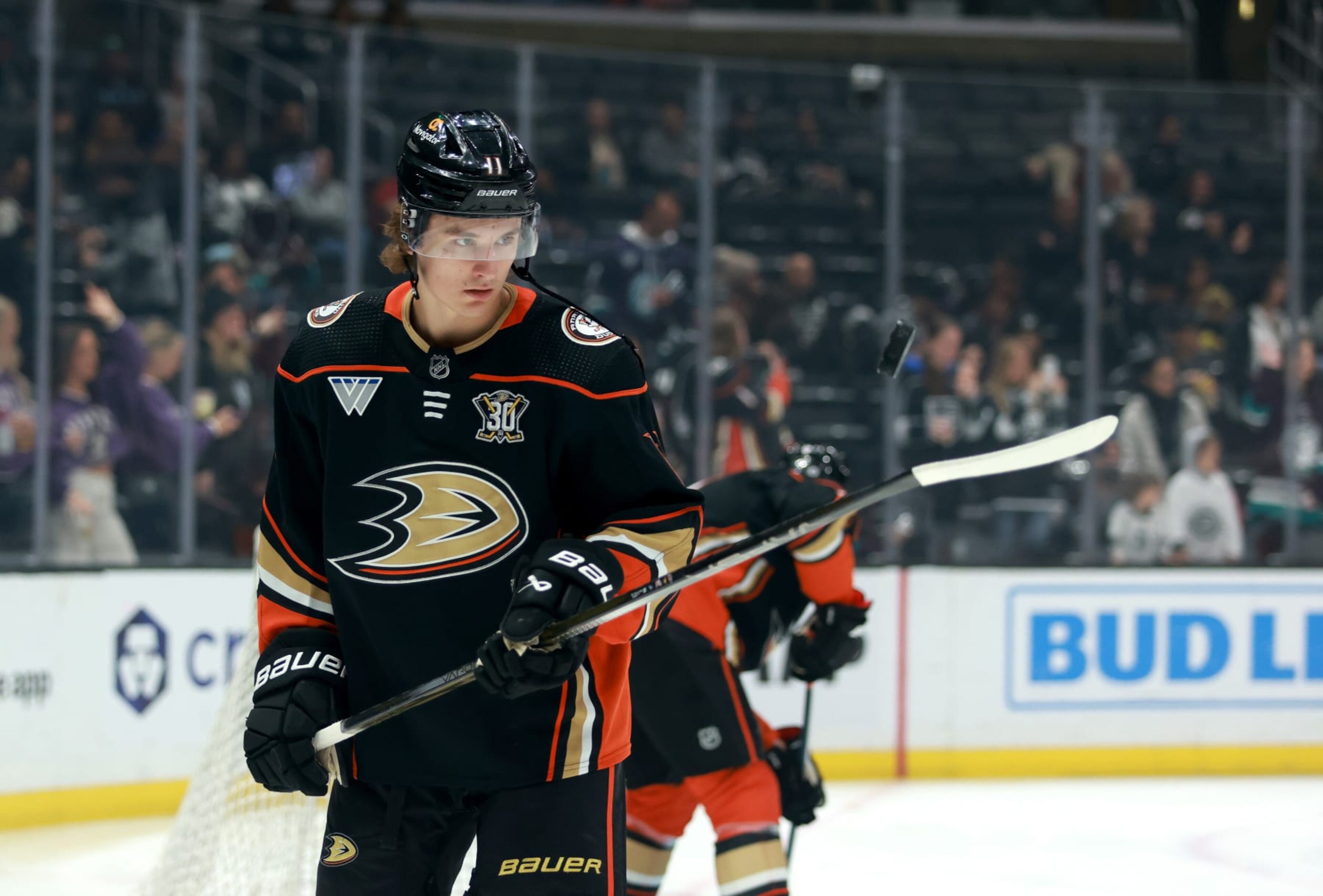 LOS ANGELES, CALIFORNIA - APRIL 13: Trevor Zegras #11 of the Anaheim Ducks juggles the puck during warmups before the game against the Los Angeles Kings at Crypto.com Arena on April 13, 2024 in Los Angeles, California. (Photo by Nicole Vasquez/NHLI via Getty Images) LOS ANGELES, CALIFORNIA - APRIL 13: Trevor Zegras #11 of the Anaheim Ducks juggles the puck during warmups before the game against the Los Angeles Kings at Crypto.com Arena on April 13, 2024 in Los Angeles, California. (Photo by Nicole Vasquez/NHLI via Getty Images)