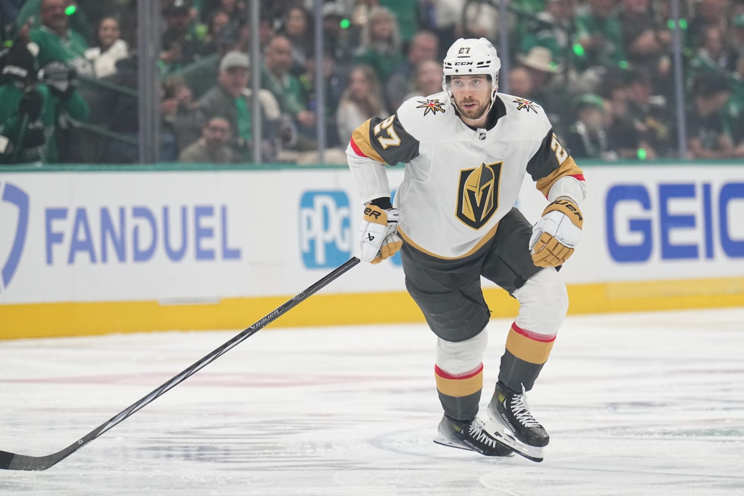 DALLAS, TX - MAY 5: Shea Theodore #27 of the Vegas Golden Knights skates against the Dallas Stars at the American Airlines Center on May 5, 2024 in Dallas, Texas. (Photo by Glenn James/NHLI via Getty Images)