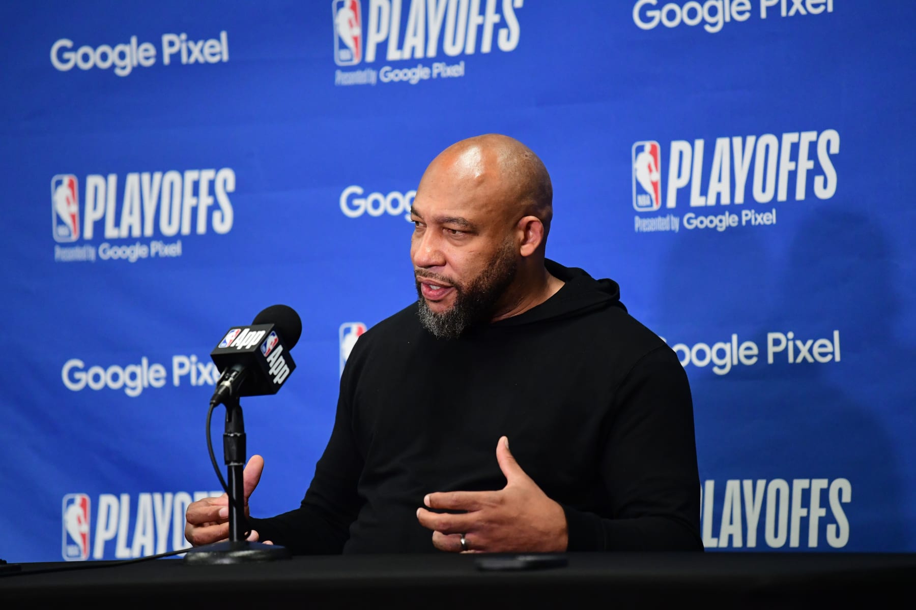LOS ANGELES, CA - APRIL 25: Head Coach Darvin Ham of the Los Angeles Lakers speaks at a press conference before the game against the Denver Nuggets during Round One Game Three of the 2024 NBA Playoffs on April 25, 2024 at Crypto.Com Arena in Los Angeles, California. NOTE TO USER: User expressly acknowledges and agrees that, by downloading and/or using this Photograph, user is consenting to the terms and conditions of the Getty Images License Agreement. Mandatory Copyright Notice: Copyright 2024 NBAE (Photo by Adam Pantozzi/NBAE via Getty Images)