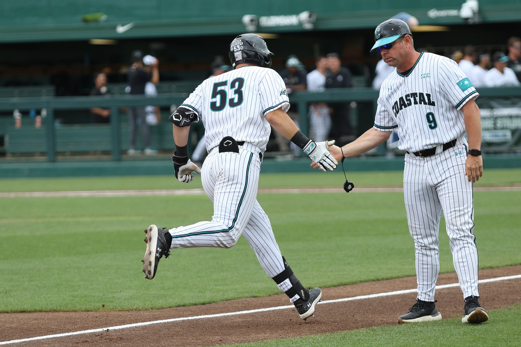 CLEMSON, SC - JUNE 02: Coastal Carolina Chanticleer catcher Derek Bender (53) rounds third after hitting a home run during the NCAA Division 1 Regional College Baseball game between the High Point Panthers and the Coastal Carolina Chanticleers on June 2, 2024, at Doug Kingsmore Stadium in Clemson, S.C. (Photo by John Byrum/Icon Sportswire via Getty Images)