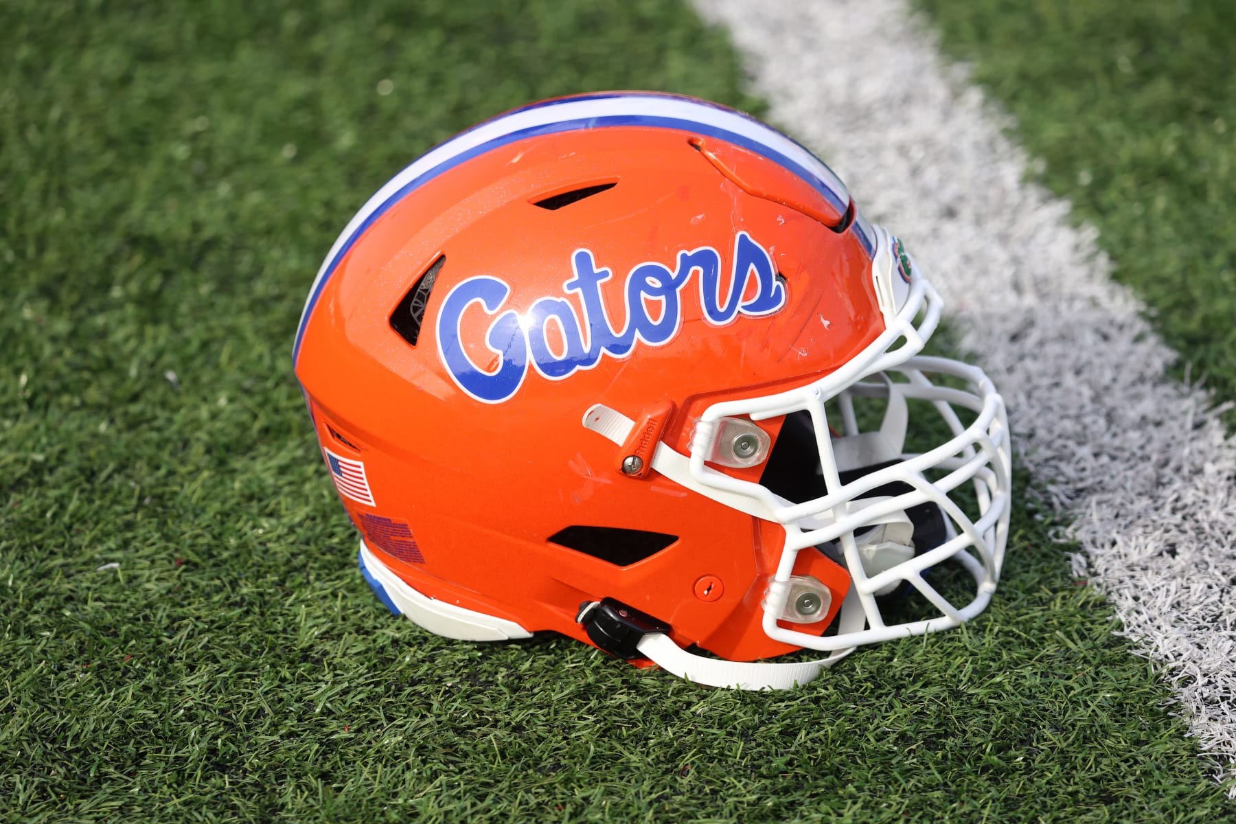MOBILE, AL - FEBRUARY 01: A general view of a Florida Gators helmet during the National team practice for the Reese's Senior Bowl on February 1, 2024 at Hancock Whitney Stadium in Mobile, Alabama.  (Photo by Michael Wade/Icon Sportswire via Getty Images)