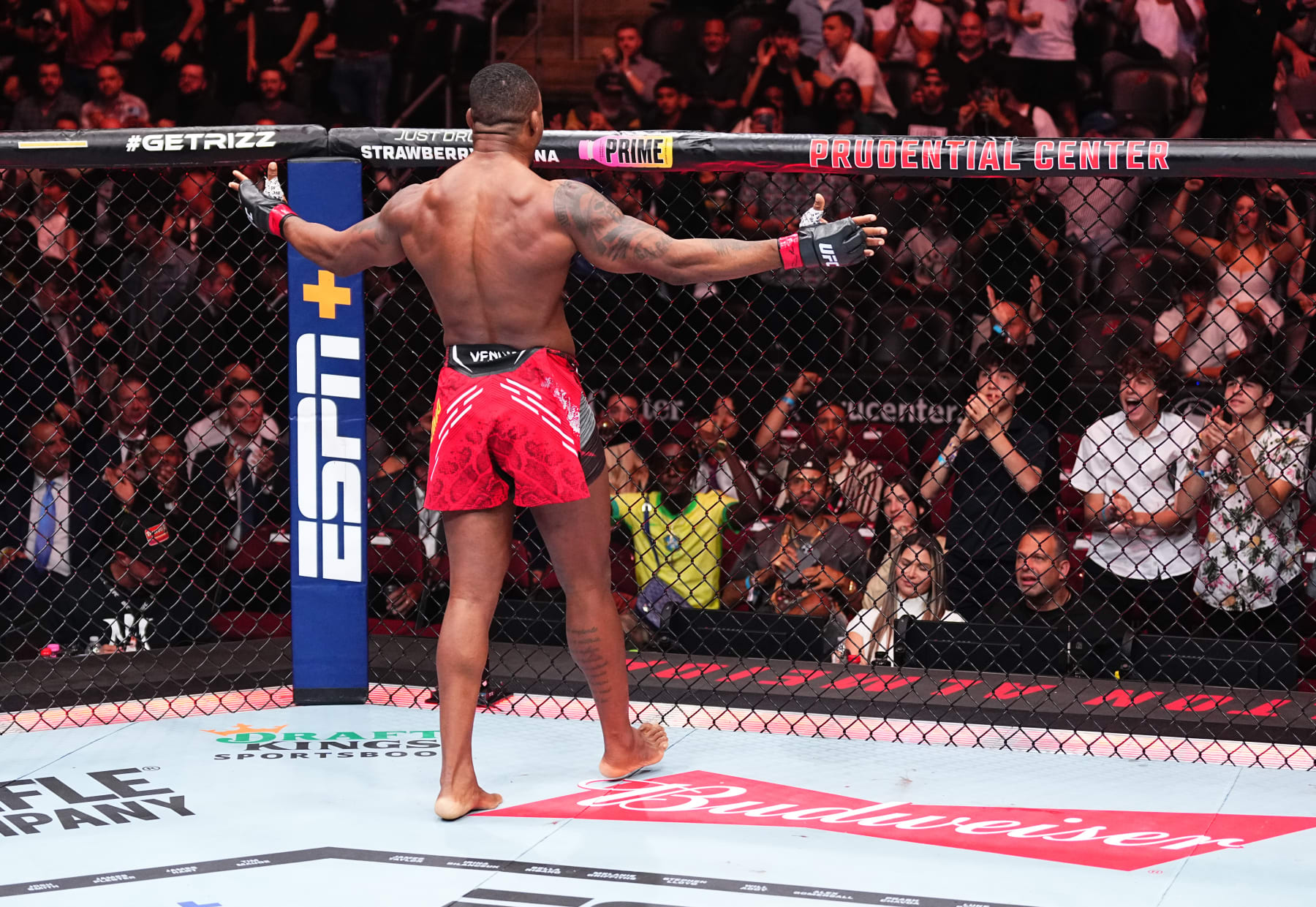 Jailton Almeida reacts after his submission victory against Alexandr Romanov
