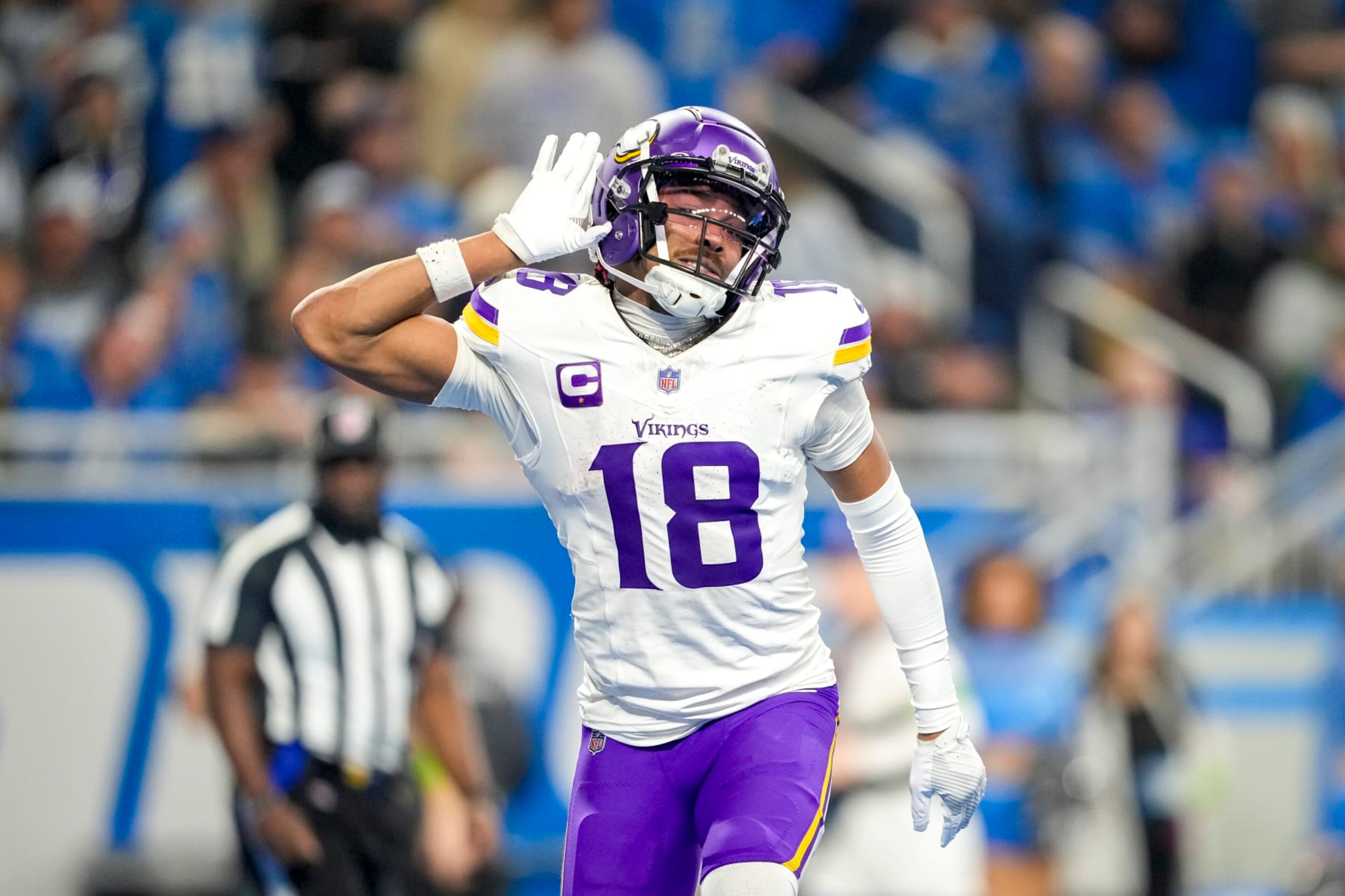 DETROIT, MICHIGAN - JANUARY 07: Justin Jefferson #18 of the Minnesota Vikings celebrates after a touchdown during the third quarter in the game against the Detroit Lions at Ford Field on January 07, 2024 in Detroit, Michigan. (Photo by Nic Antaya/Getty Images) DETROIT, MICHIGAN - JANUARY 07: Justin Jefferson #18 of the Minnesota Vikings celebrates after a touchdown during the third quarter in the game against the Detroit Lions at Ford Field on January 07, 2024 in Detroit, Michigan. (Photo by Nic Antaya/Getty Images)