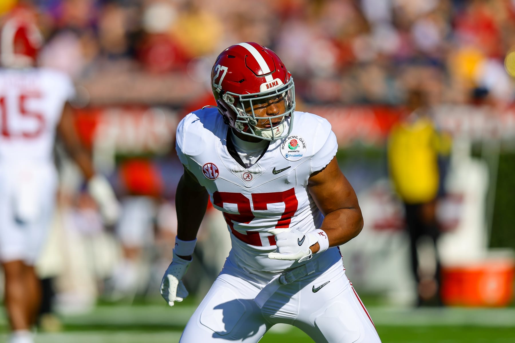 PASADENA, CA - JANUARY 01: Alabama Crimson Tide defensive back Tony Mitchell (27) warms up before the Alabama Crimson Tide game versus the Michigan Wolverines CFP Semifinal at the Rose Bowl Game on January, 1, 2024, at the Rose Bowl Stadium in Pasadena, CA. (Photo by Jordon Kelly/Icon Sportswire via Getty Images)