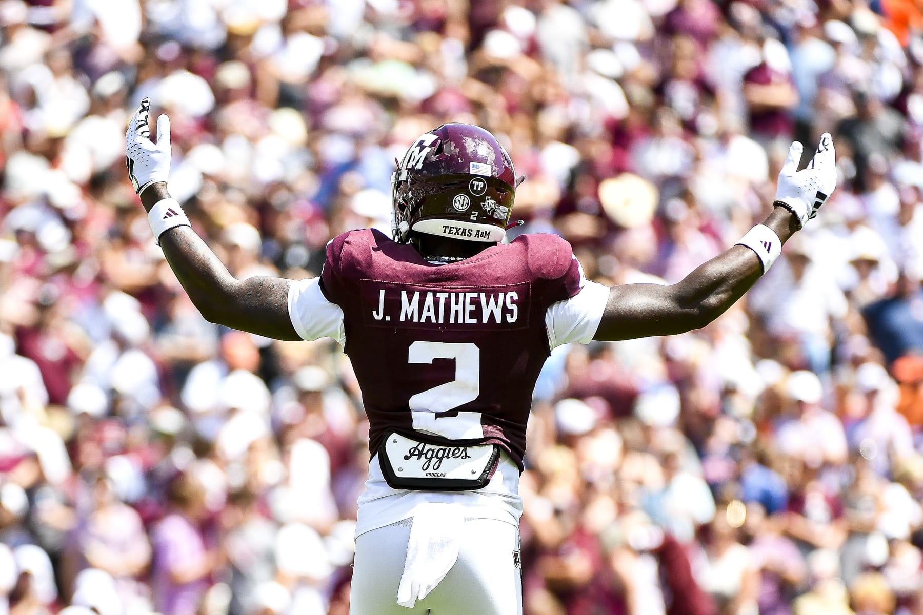 COLLEGE STATION, TEXAS - SEPTEMBER 23: Defensive back Jacoby Mathews #2 of the Texas A&M Aggies celebrates after a play against the Auburn Tigers at Kyle Field on September 23, 2023 in College Station, Texas. (Photo by Logan Riely/Getty Images)