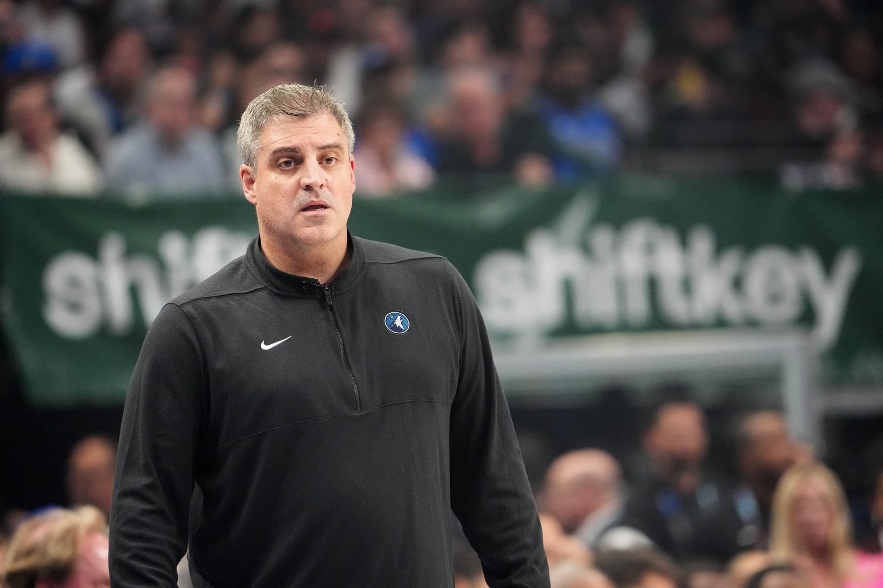 DALLAS, TX - MAY 28: Assistant Coach Micah Nori of the Minnesota Timberwolves looks on during the game against the Dallas Mavericks during Game 4 of the Western Conference Finals of the 2024 NBA Playoffs on May 28, 2024 at the American Airlines Center in Dallas, Texas. NOTE TO USER: User expressly acknowledges and agrees that, by downloading and or using this photograph, User is consenting to the terms and conditions of the Getty Images License Agreement. Mandatory Copyright Notice: Copyright 2024 NBAE (Photo by Glenn James/NBAE via Getty Images)
