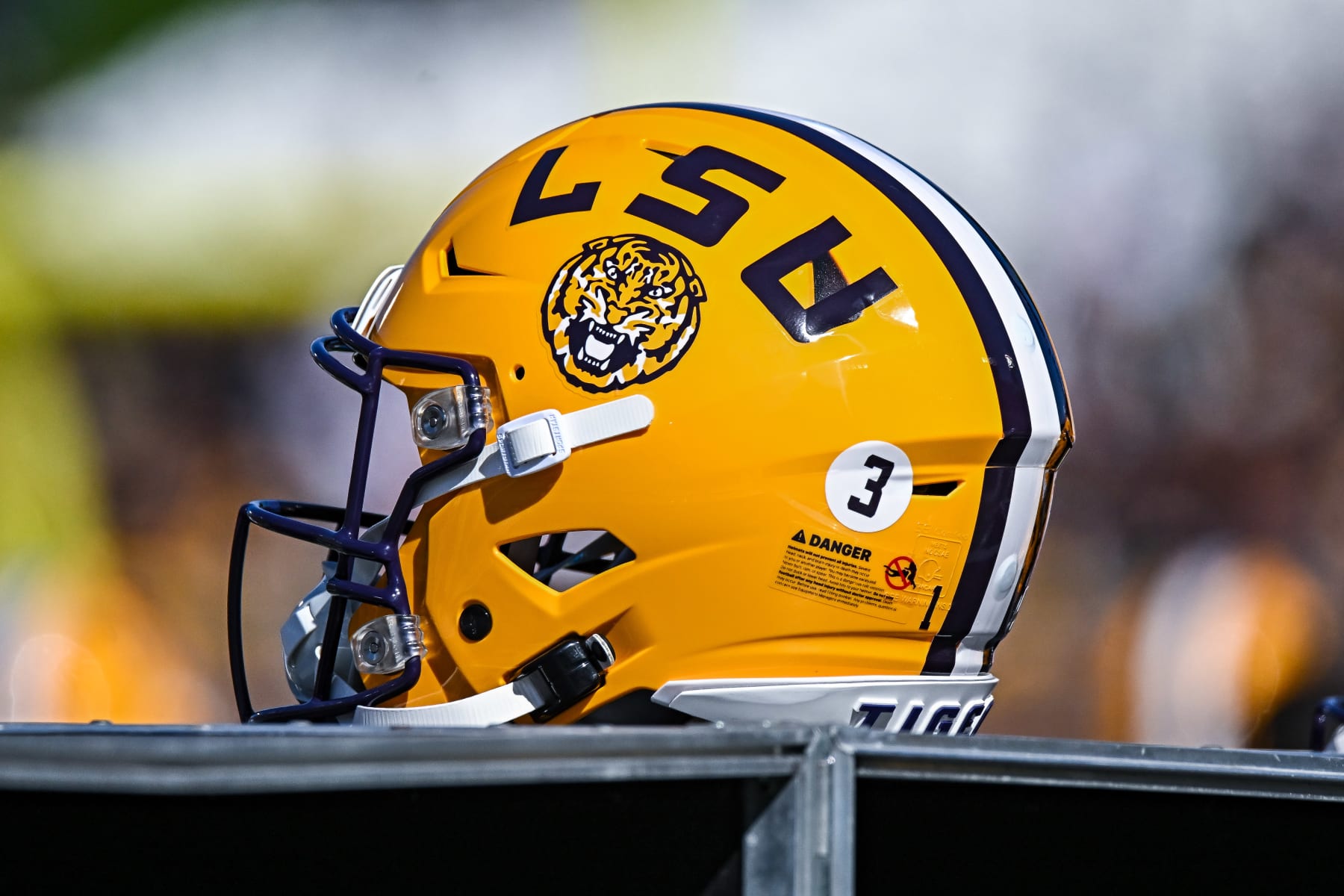 COLUMBIA, MO - OCTOBER 07: A backup LSU helmet sits on the equipment container during a SEC conference game between the Louisiana State  Tigers and the Missouri Tigers held on Saturday Oct 07, 2023 at Faurot Field at Memorial Stadium in Columbia MO. (Photo by Rick Ulreich/Icon Sportswire via Getty Images