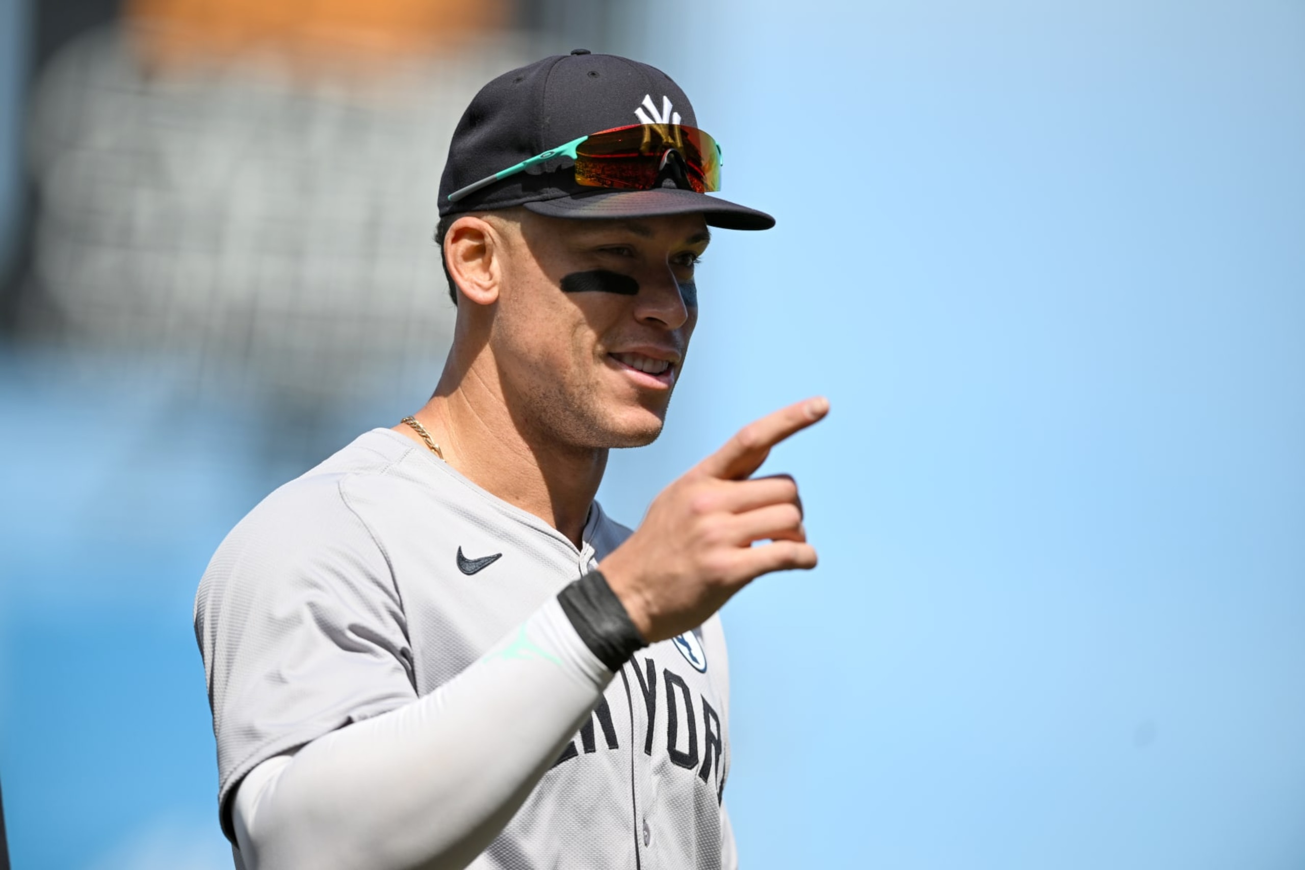 SAN FRANCISCO, CALIFORNIA - JUNE 2: Aaron Judge #99 of the New York Yankees smiles after a 7-5 win over the San Francisco Giants at Oracle Park on June 2, 2024 in San Francisco, California. (Photo by Brandon Vallance/Getty Images)