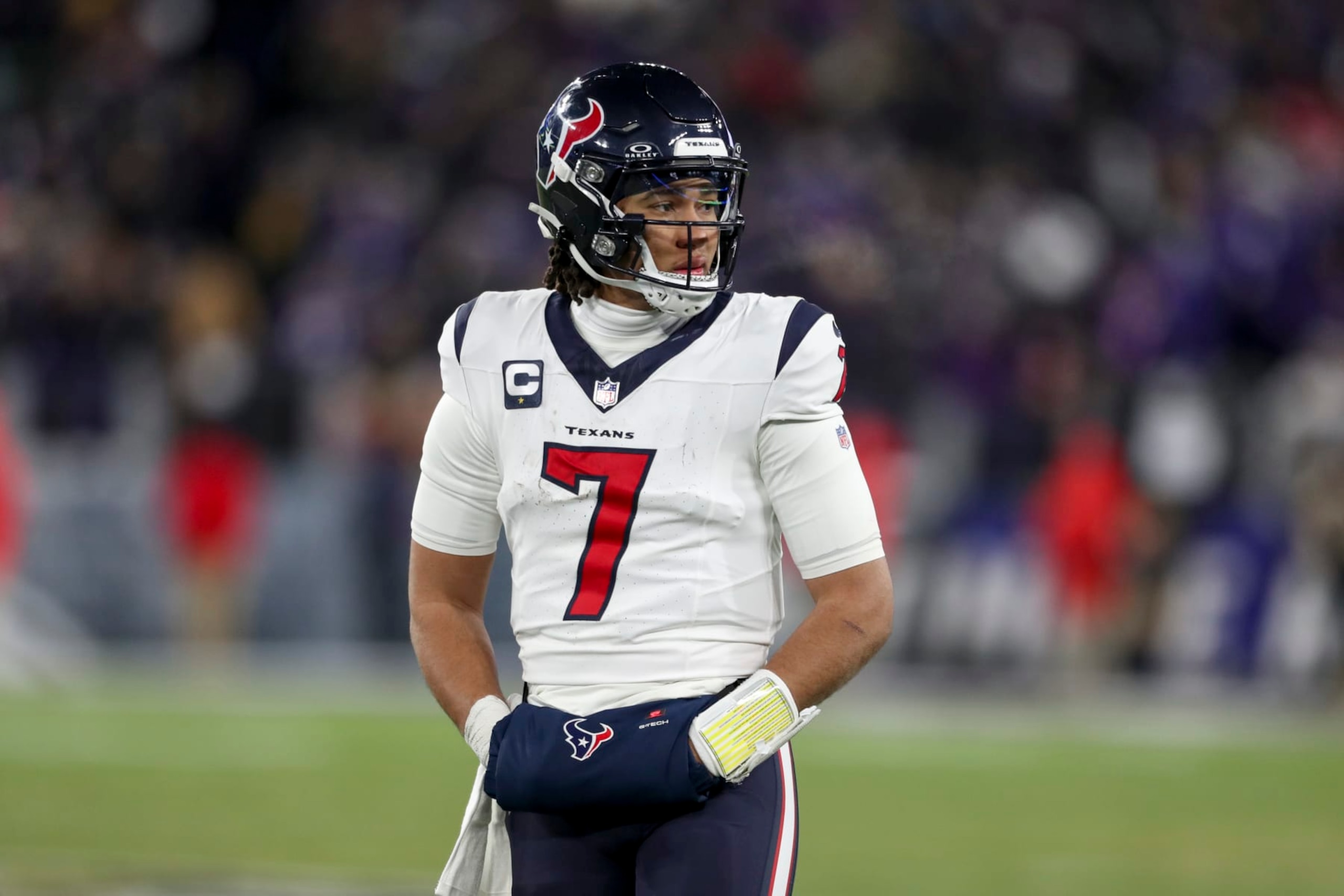 BALTIMORE, MARYLAND - JANUARY 20: C.J. Stroud #7 of the Houston Texans looks on during an NFL Divisional Round playoff game against the Baltimore Ravens at M&T Bank Stadium on January 20, 2024 in Baltimore, Maryland. (Photo by Kara Durrette/Getty Images)