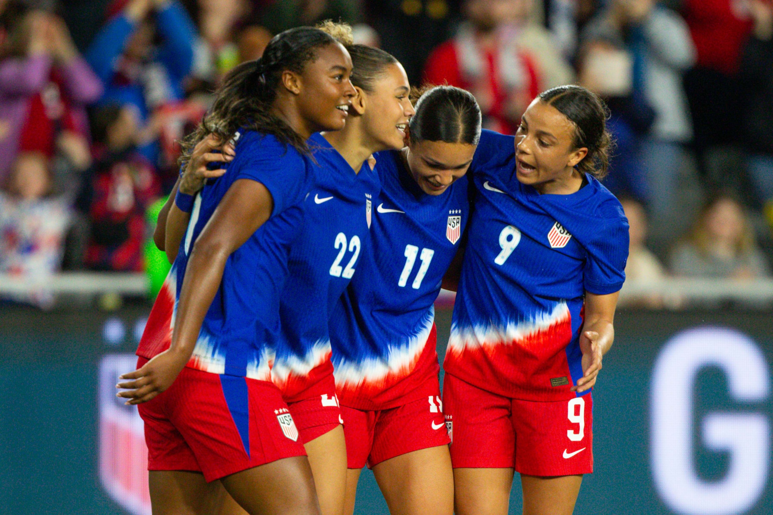 COLUMBUS, OH - APRIL 9: Jaedyn Shaw #8, Trinity Rodman #22, Sophia Smith #11, and Mallory Swanson #9 of the United States celebrate a goal during the SheBelieves Cup game between Canada and the United States at Lower.com Field on April 9, 2024 in Columbus, Ohio. (Photo by Michael Miller/ISI Photos/Getty Images)