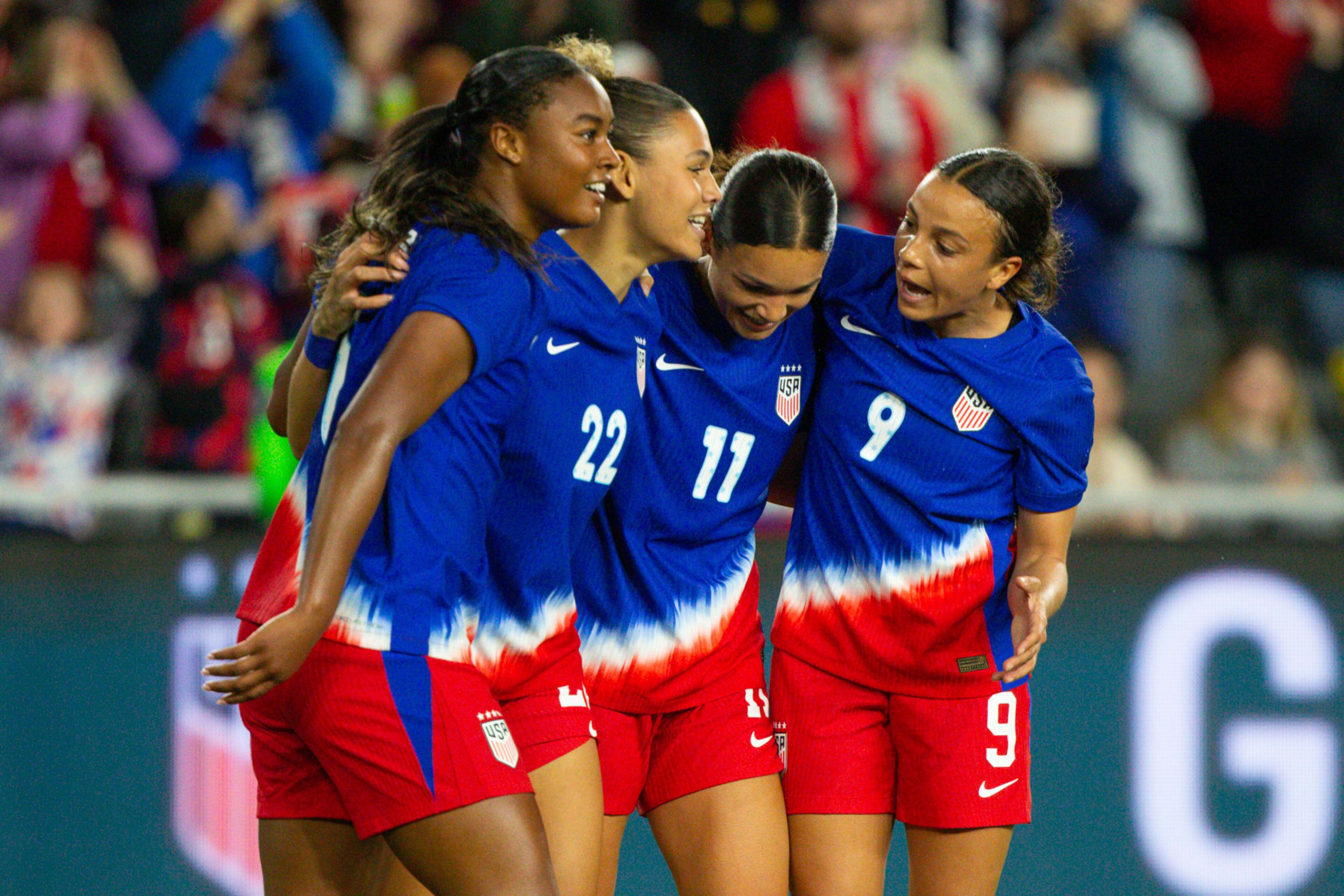 COLUMBUS, OH - APRIL 9: Jaedyn Shaw #8, Trinity Rodman #22, Sophia Smith #11, and Mallory Swanson #9 of the United States celebrate a goal during the SheBelieves Cup game between Canada and the United States at Lower.com Field on April 9, 2024 in Columbus, Ohio. (Photo by Michael Miller/ISI Photos/Getty Images) COLUMBUS, OH - APRIL 9: Jaedyn Shaw #8, Trinity Rodman #22, Sophia Smith #11, and Mallory Swanson #9 of the United States celebrate a goal during the SheBelieves Cup game between Canada and the United States at Lower.com Field on April 9, 2024 in Columbus, Ohio. (Photo by Michael Miller/ISI Photos/Getty Images)
