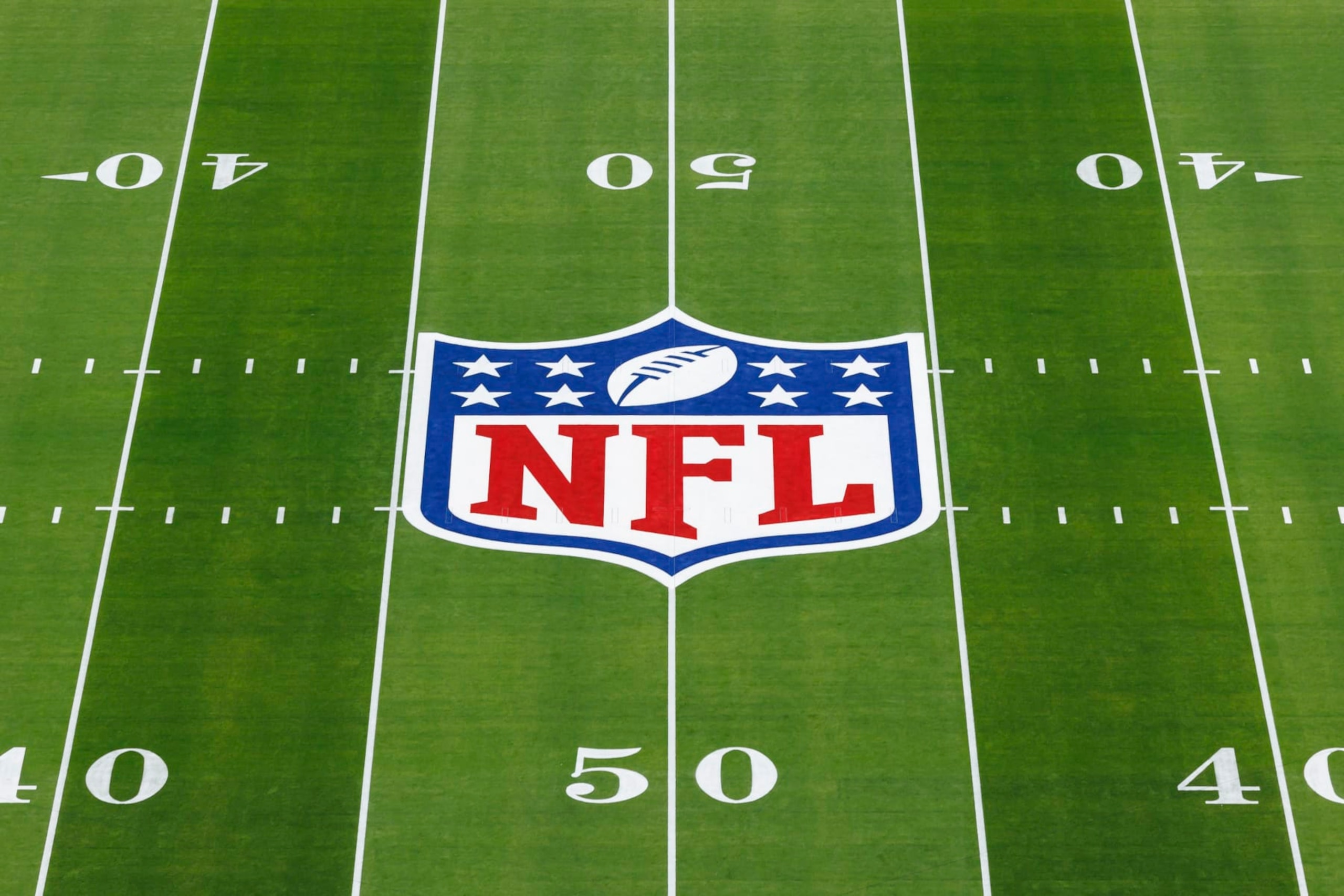 LAS VEGAS, NEVADA - FEBRUARY 11: A detail view of the NFL shield logo painted on the field before Super Bowl LVIII between the Kansas City Chiefs and San Francisco 49ers at Allegiant Stadium on February 11, 2024 in Las Vegas, Nevada. (Photo by Ryan Kang/Getty Images)