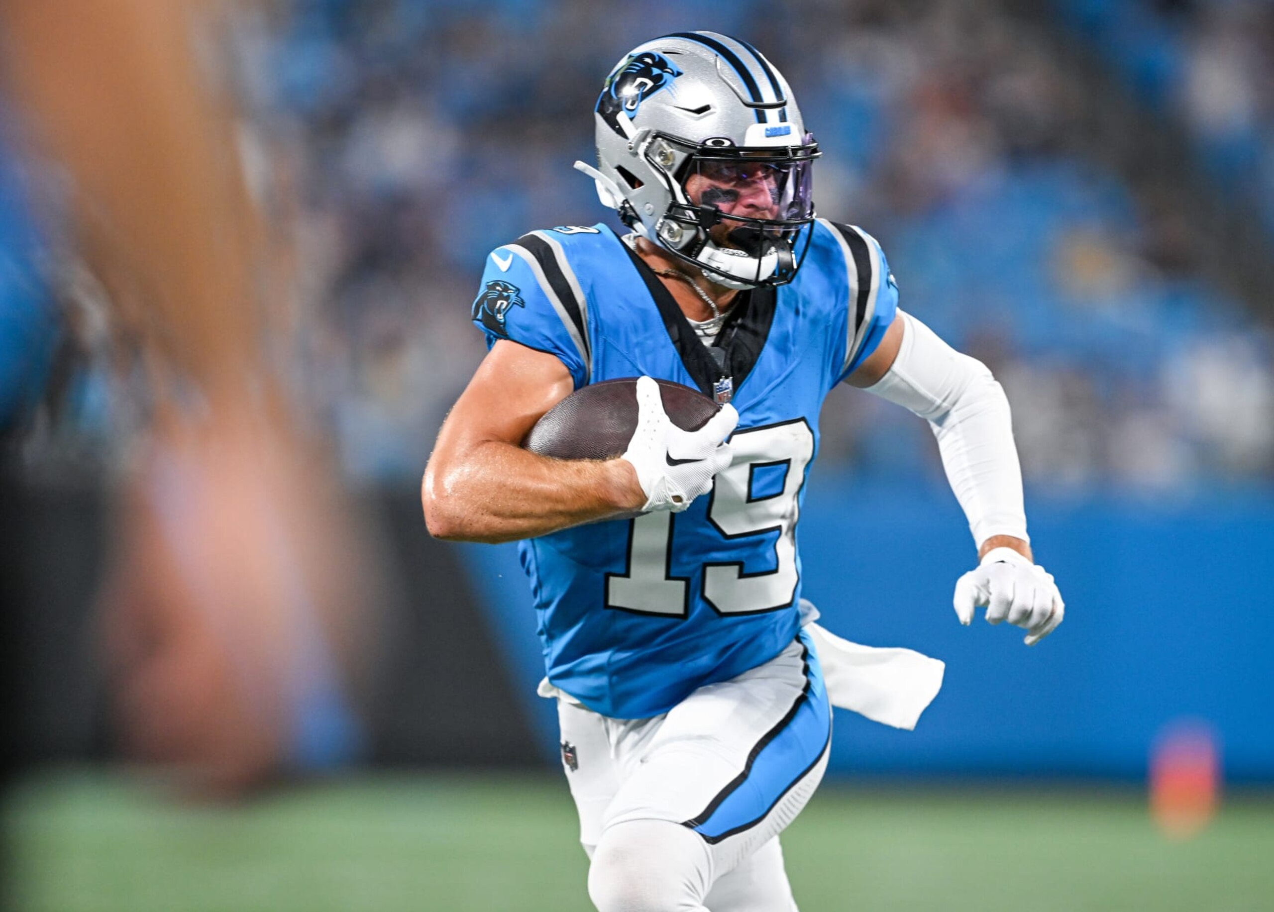 CHARLOTTE, NORTH CAROLINA - AUGUST 25: Adam Thielen #19 of the Carolina Panthers makes a catch against the Detroit Lions during the first half of a preseason game at Bank of America Stadium on August 25, 2023 in Charlotte, North Carolina. (Photo by Grant Halverson/Getty Images)