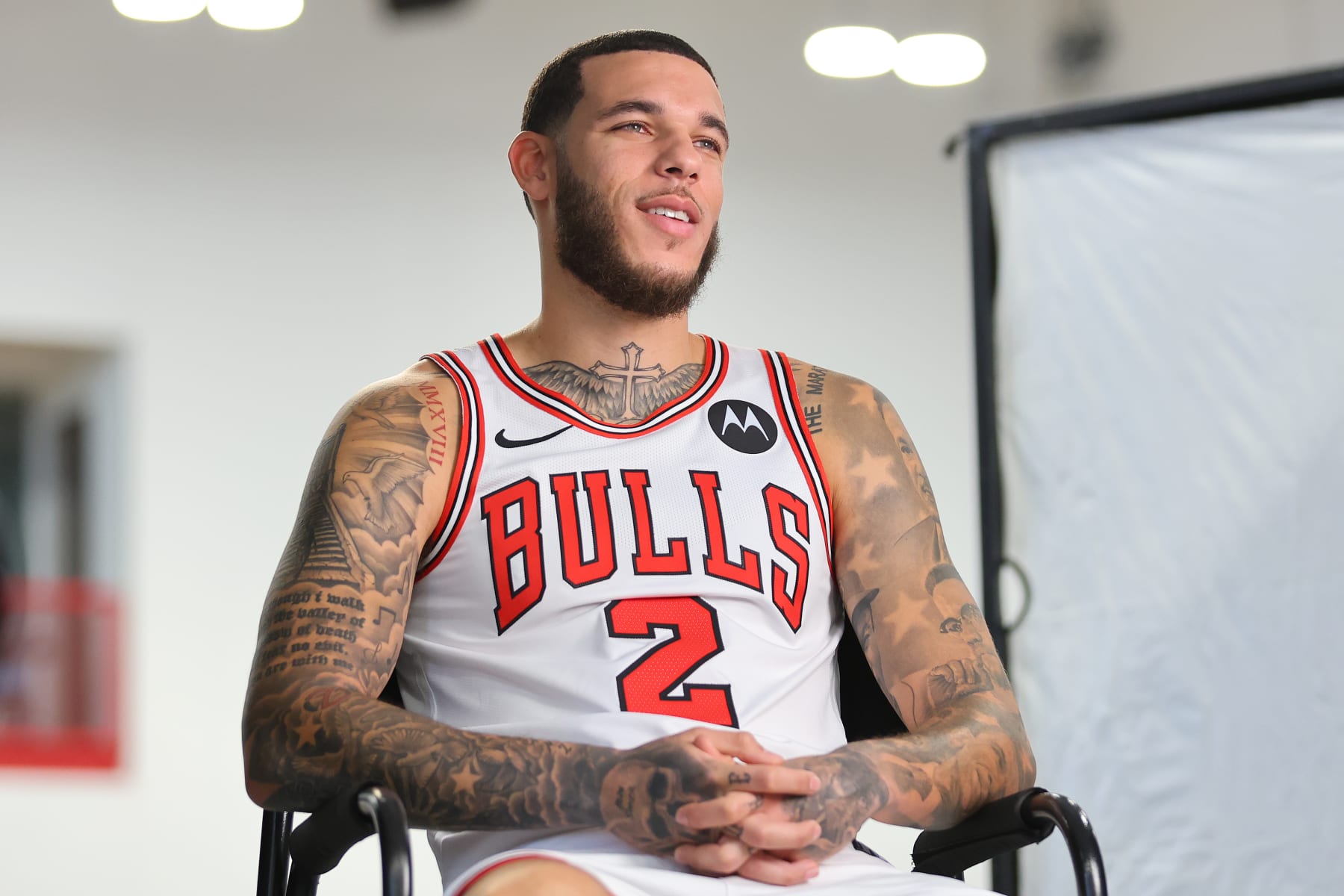 CHICAGO, ILLINOIS - OCTOBER 02: Lonzo Ball #2 of the Chicago Bulls takes part in a interview during Media Day at Advocate Center on October 02, 2023 in Chicago, Illinois. (Photo by Michael Reaves/Getty Images)
