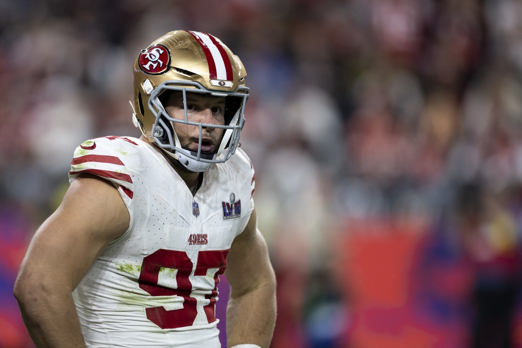LAS VEGAS, NEVADA - FEBRUARY 11: Nick Bosa #97 of the San Francisco 49ers reacts during the NFL Super Bowl 58 football game between the San Francisco 49ers and the Kansas City Chiefs at Allegiant Stadium on February 11, 2024 in Las Vegas, Nevada. (Photo by Michael Owens/Getty Images)