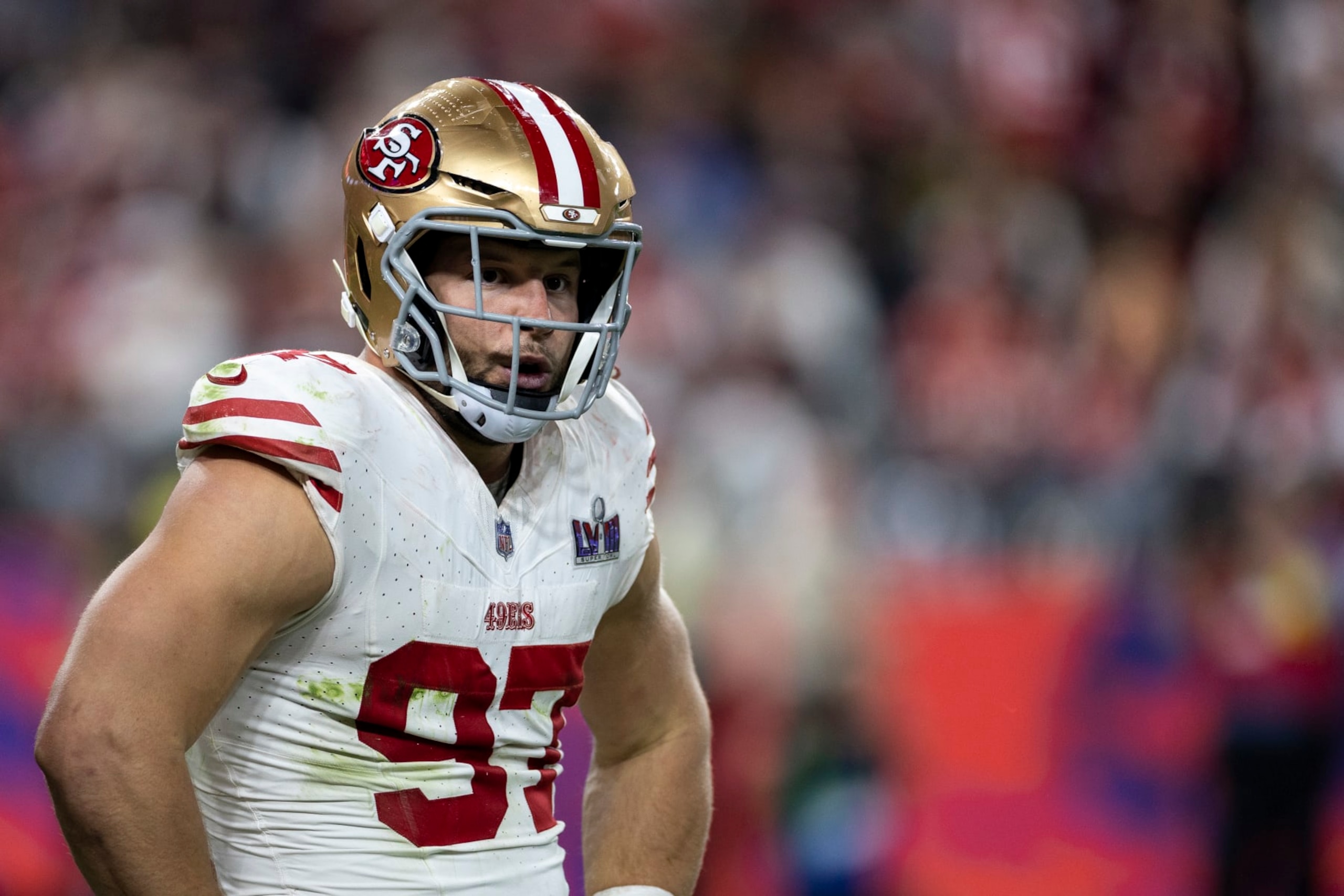 LAS VEGAS, NEVADA - FEBRUARY 11: Nick Bosa #97 of the San Francisco 49ers reacts during the NFL Super Bowl 58 football game between the San Francisco 49ers and the Kansas City Chiefs at Allegiant Stadium on February 11, 2024 in Las Vegas, Nevada. (Photo by Michael Owens/Getty Images)