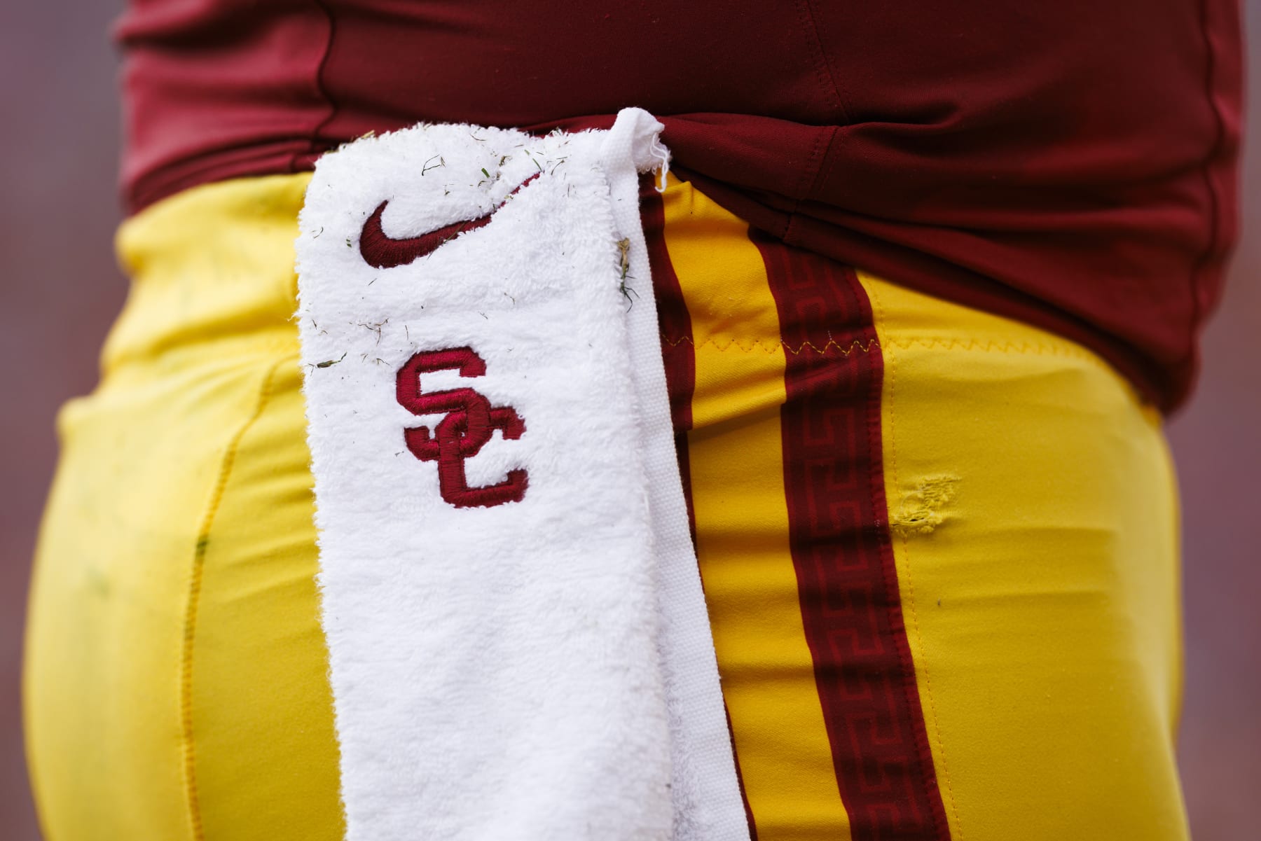 LOS ANGELES, CALIFORNIA - NOVEMBER 18: Detail view of a USC Trojans logo during a game against the UCLA Bruins at United Airlines Field at the Los Angeles Memorial Coliseum on November 11, 2023 in Los Angeles, California. (Photo by Ric Tapia/Getty Images)