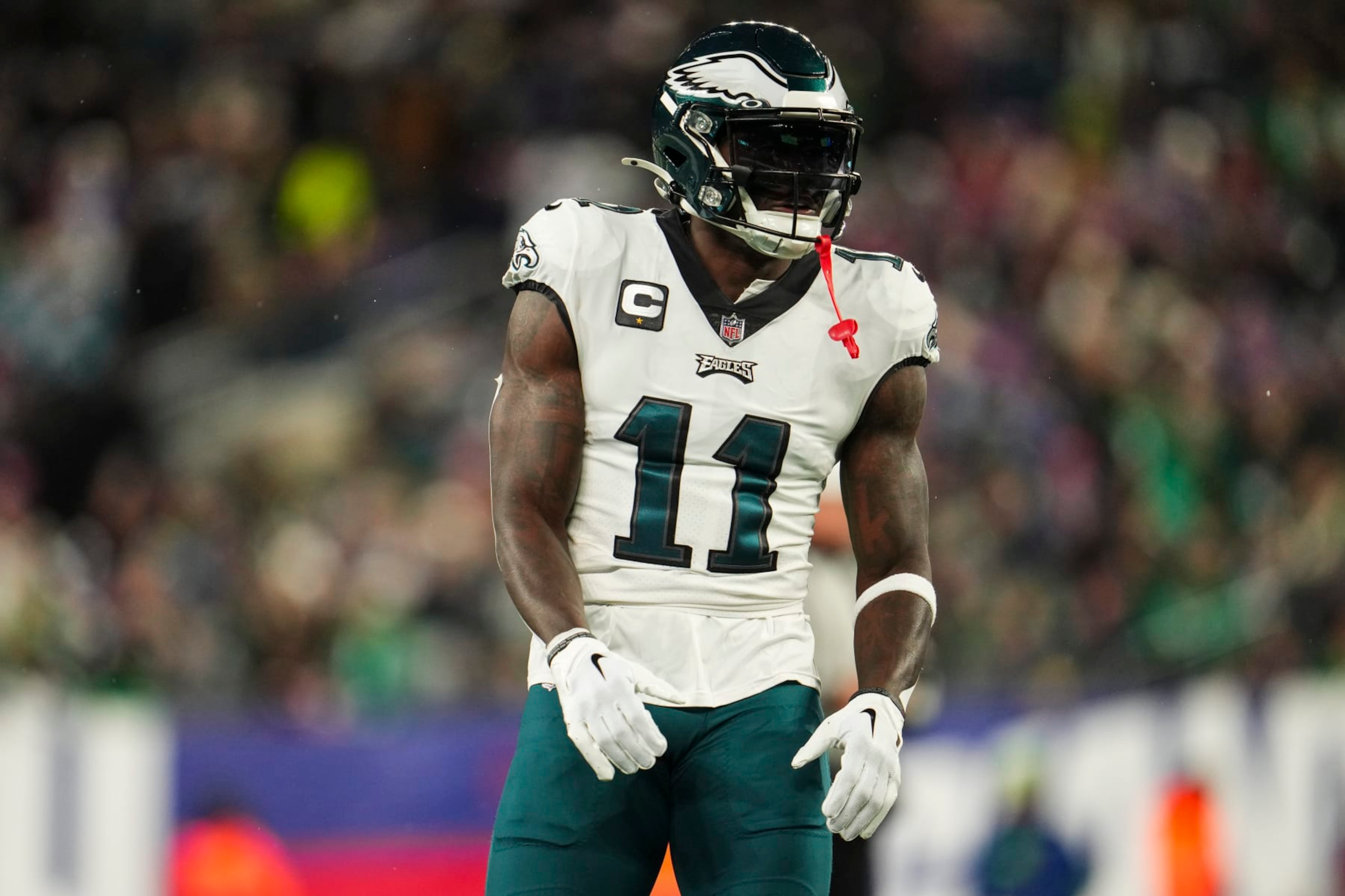 EAST RUTHERFORD, NJ - JANUARY 07: A.J. Brown #11 of the Philadelphia Eagles lines up during an NFL football game against the New York Giants at MetLife Stadium on January 7, 2024 in East Rutherford, New Jersey. (Photo by Cooper Neill/Getty Images) EAST RUTHERFORD, NJ - JANUARY 07: A.J. Brown #11 of the Philadelphia Eagles lines up during an NFL football game against the New York Giants at MetLife Stadium on January 7, 2024 in East Rutherford, New Jersey. (Photo by Cooper Neill/Getty Images)