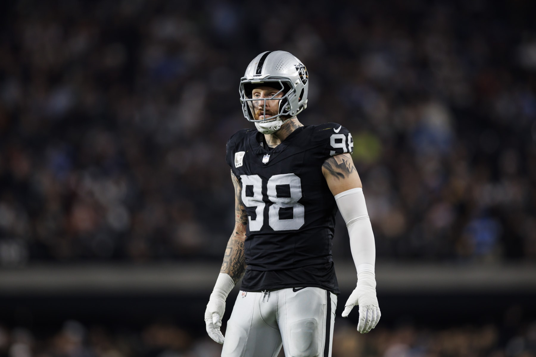 LAS VEGAS, NEVADA - DECEMBER 14: Maxx Crosby #98 of the Las Vegas Raiders looks on during an NFL football game against the Los Angeles Chargers at Allegiant Stadium on December 14, 2023 in Las Vegas, Nevada. (Photo by Ryan Kang/Getty Images)