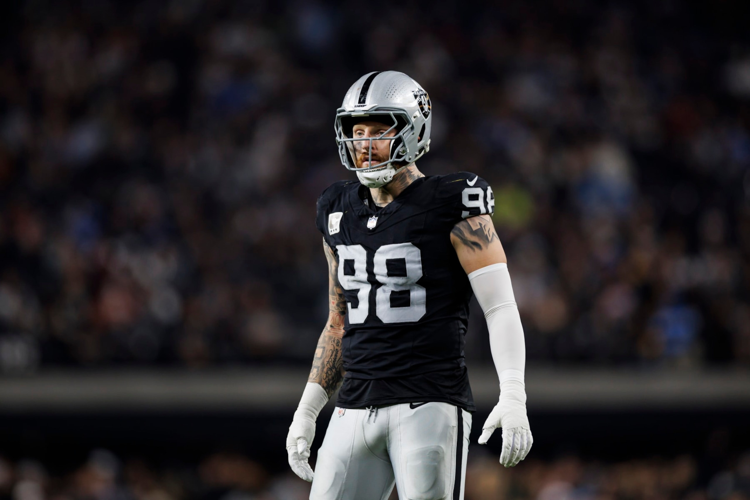 LAS VEGAS, NEVADA - DECEMBER 14: Maxx Crosby #98 of the Las Vegas Raiders looks on during an NFL football game against the Los Angeles Chargers at Allegiant Stadium on December 14, 2023 in Las Vegas, Nevada. (Photo by Ryan Kang/Getty Images)