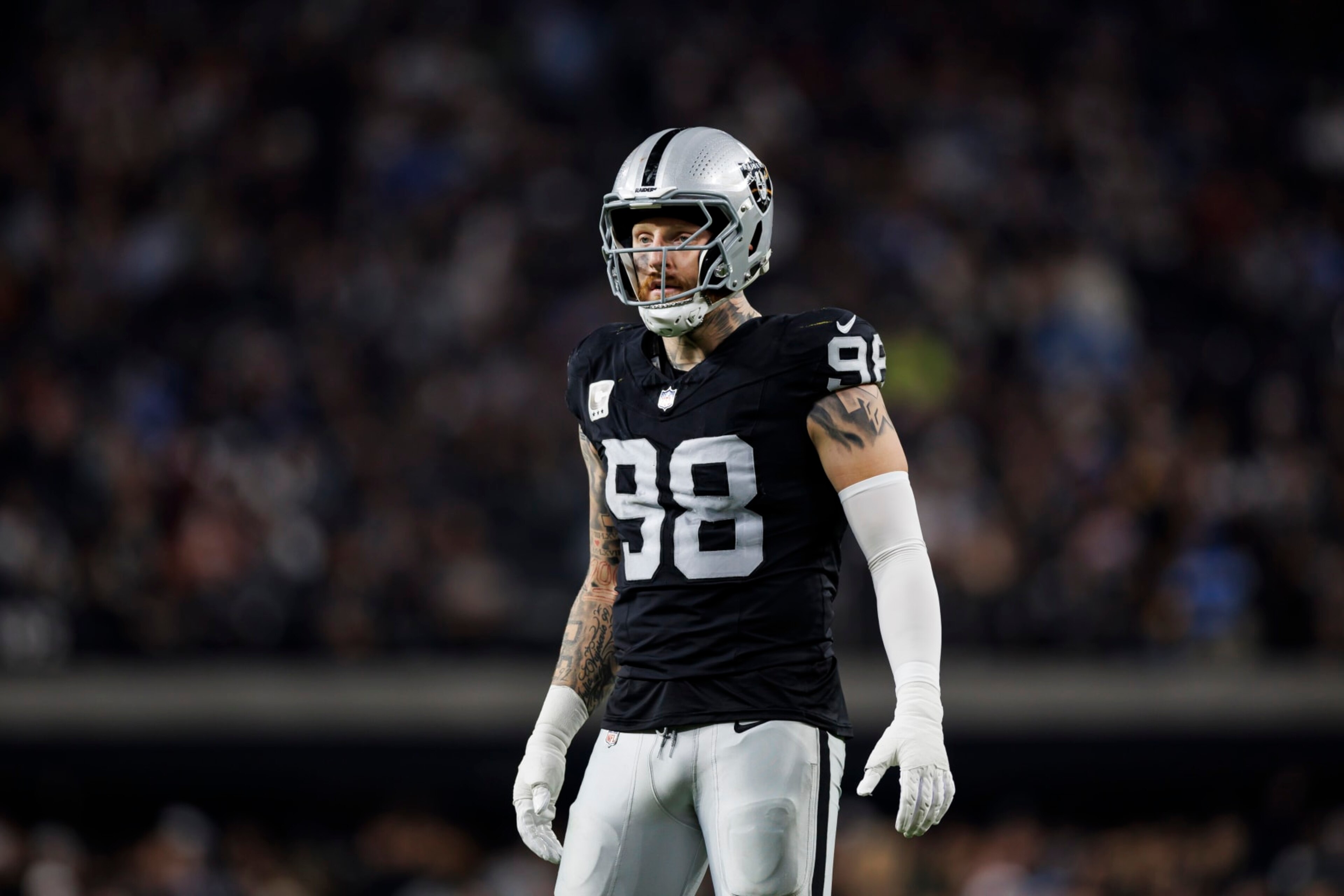 LAS VEGAS, NEVADA - DECEMBER 14: Maxx Crosby #98 of the Las Vegas Raiders looks on during an NFL football game against the Los Angeles Chargers at Allegiant Stadium on December 14, 2023 in Las Vegas, Nevada. (Photo by Ryan Kang/Getty Images) LAS VEGAS, NEVADA - DECEMBER 14: Maxx Crosby #98 of the Las Vegas Raiders looks on during an NFL football game against the Los Angeles Chargers at Allegiant Stadium on December 14, 2023 in Las Vegas, Nevada. (Photo by Ryan Kang/Getty Images)