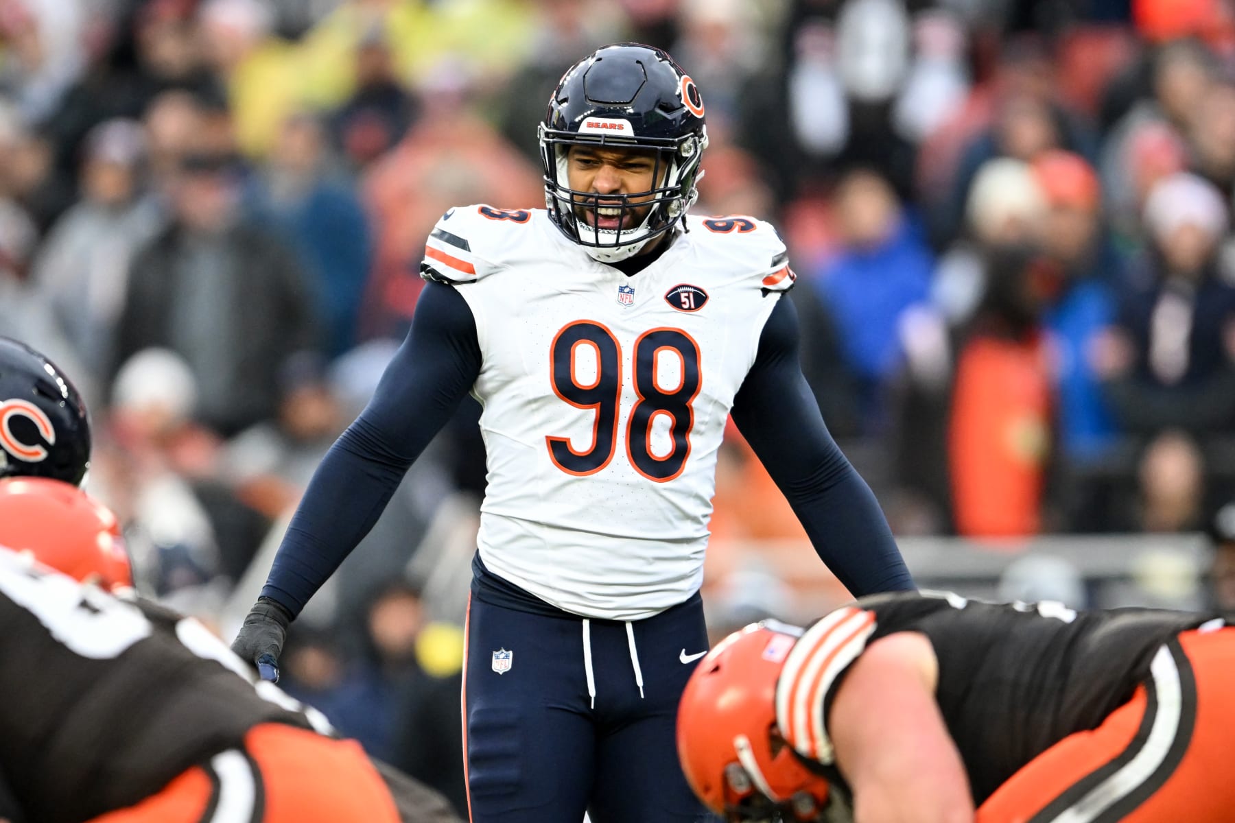 CLEVELAND, OHIO - DECEMBER 17: Montez Sweat #98 of the Chicago Bears waits for the snap during the first half against the Cleveland Browns at Cleveland Browns Stadium on December 17, 2023 in Cleveland, Ohio. (Photo by Nick Cammett/Diamond Images via Getty Images)