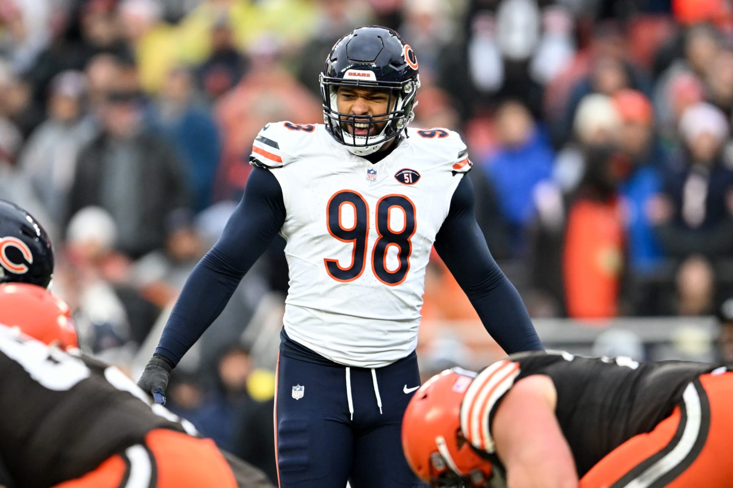 CLEVELAND, OHIO - DECEMBER 17: Montez Sweat #98 of the Chicago Bears waits for the snap during the first half against the Cleveland Browns at Cleveland Browns Stadium on December 17, 2023 in Cleveland, Ohio. (Photo by Nick Cammett/Diamond Images via Getty Images)