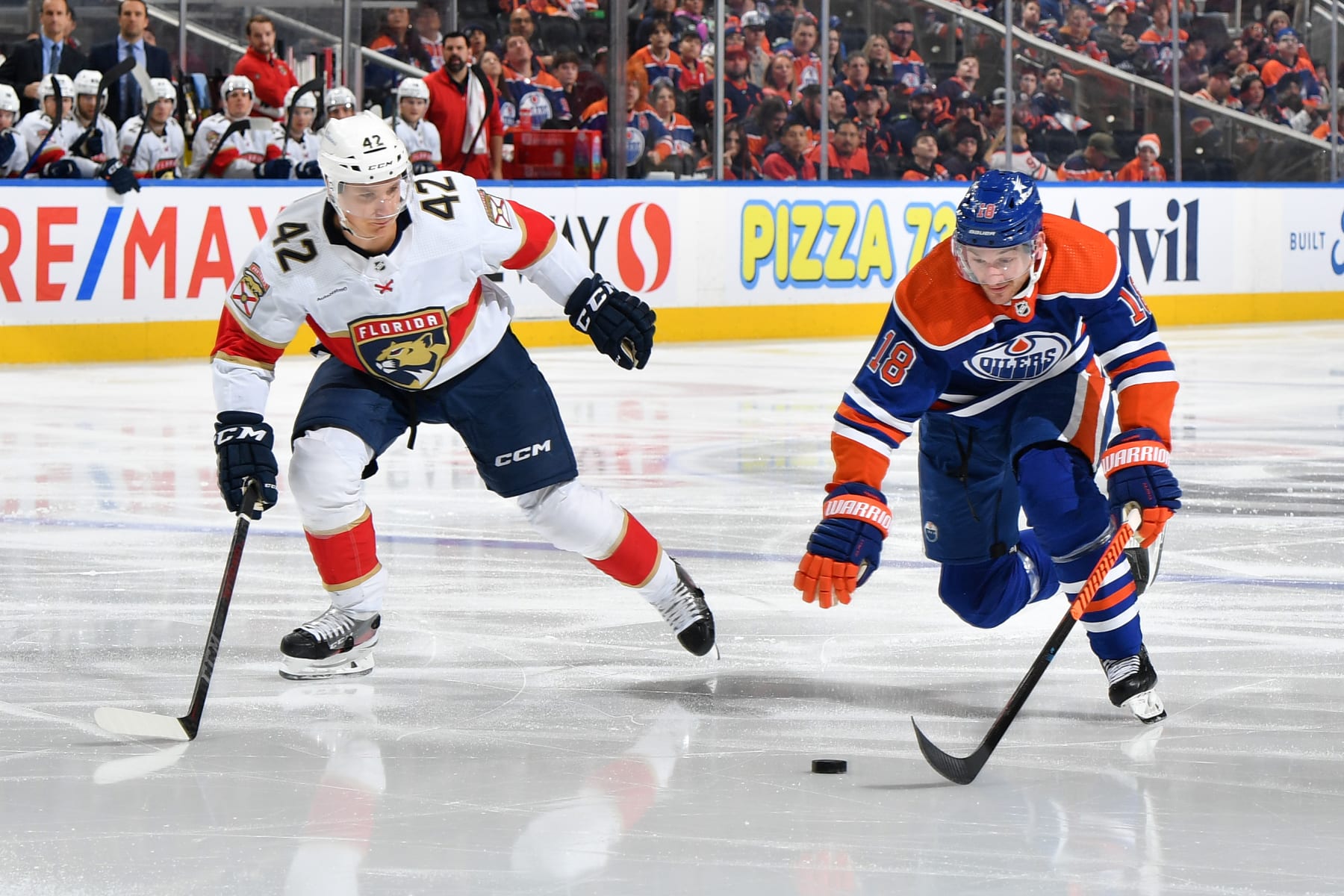 EDMONTON, CANADA - DECEMBER 16: Zach Hyman #18 of the Edmonton Oilers skates during the game against Gustav Forsling #42 of the Florida Panthers at Rogers Place on December 16, 2023, in Edmonton, Alberta, Canada. (Photo by Andy Devlin/NHLI via Getty Images)