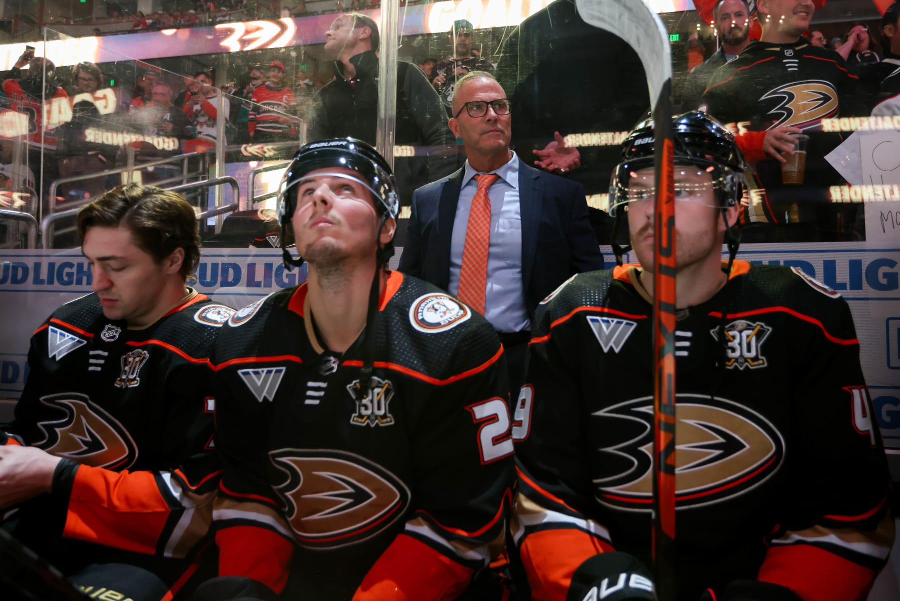 ANAHEIM, CA - MARCH 21: Greg Cronin of the Anaheim Ducks looks on from the bench prior to the game against the Chicago Blackhawks at Honda Center on March 21, 2024 in Anaheim, California. (Photo by Debora Robinson/NHLI via Getty Images)