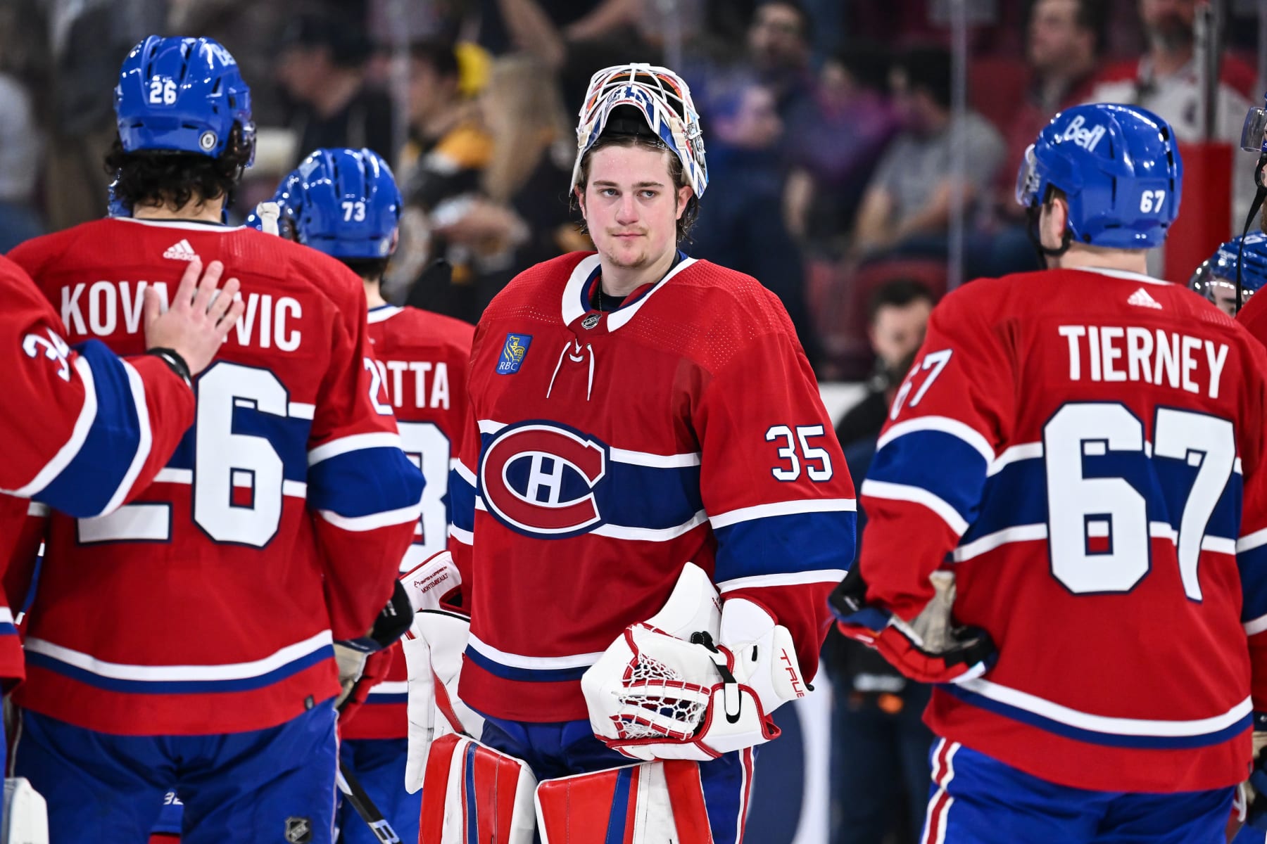 MONTREAL, CANADA - APRIL 13: Goaltender Sam Montembeault #35 of the Montreal Canadiens skates after a 5-4 loss to the Boston Bruins at Centre Bell on April 13, 2023 in Montreal, Quebec, Canada. (Photo by Minas Panagiotakis/Getty Images)