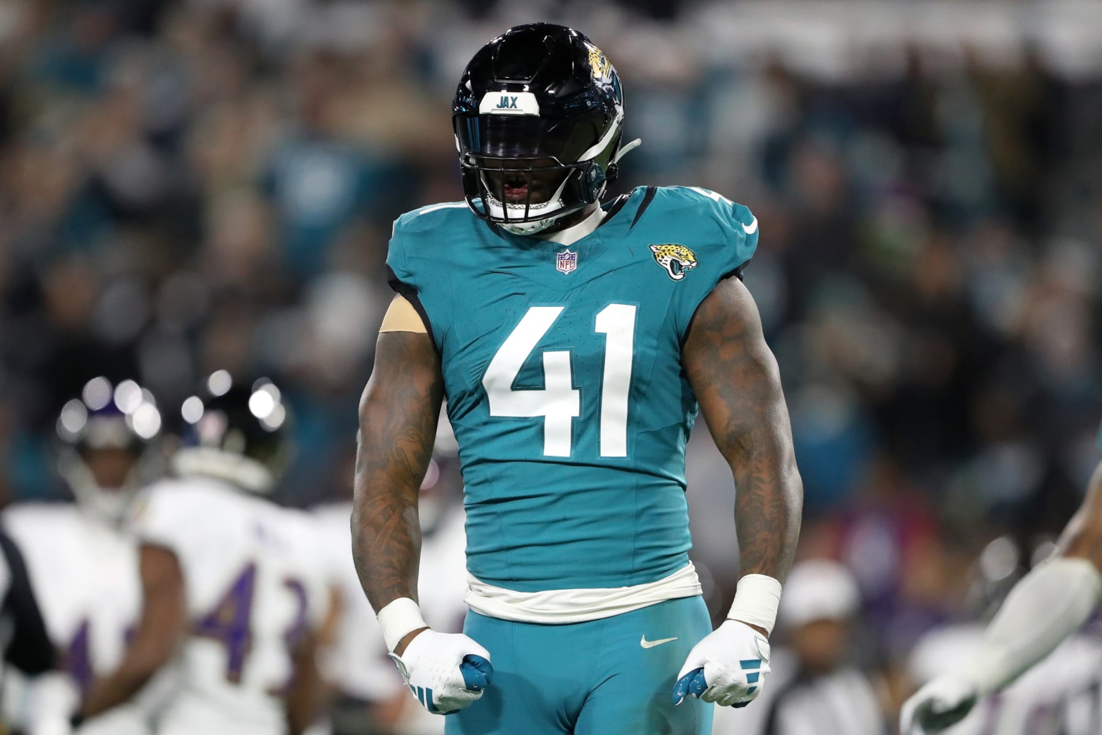 JACKSONVILLE, FLORIDA - DECEMBER 17: Josh Allen #41 of the Jacksonville Jaguars reacts during the first half of a game against the Baltimore Ravens at EverBank Stadium on December 17, 2023 in Jacksonville, Florida. (Photo by Courtney Culbreath/Getty Images) JACKSONVILLE, FLORIDA - DECEMBER 17: Josh Allen #41 of the Jacksonville Jaguars reacts during the first half of a game against the Baltimore Ravens at EverBank Stadium on December 17, 2023 in Jacksonville, Florida. (Photo by Courtney Culbreath/Getty Images)