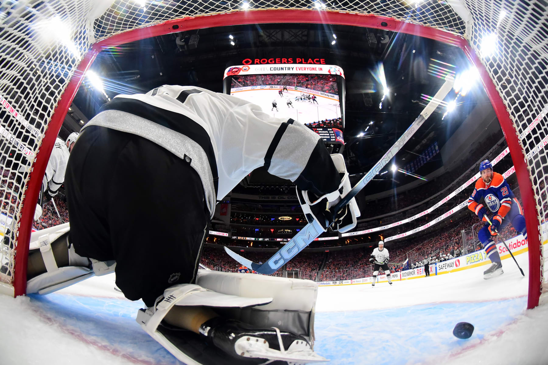 EDMONTON, CANADA - MAY 01: Goaltender David Rittich #31 of the Los Angeles Kings reacts after Evander Kane #91 of the Edmonton Oilers scores a first-period goal in Game Five of the First Round of the 2024 Stanley Cup Playoffs at Rogers Place on May 1, 2024, in Edmonton, Alberta, Canada. (Photo by Andy Devlin/NHLI via Getty Images)
