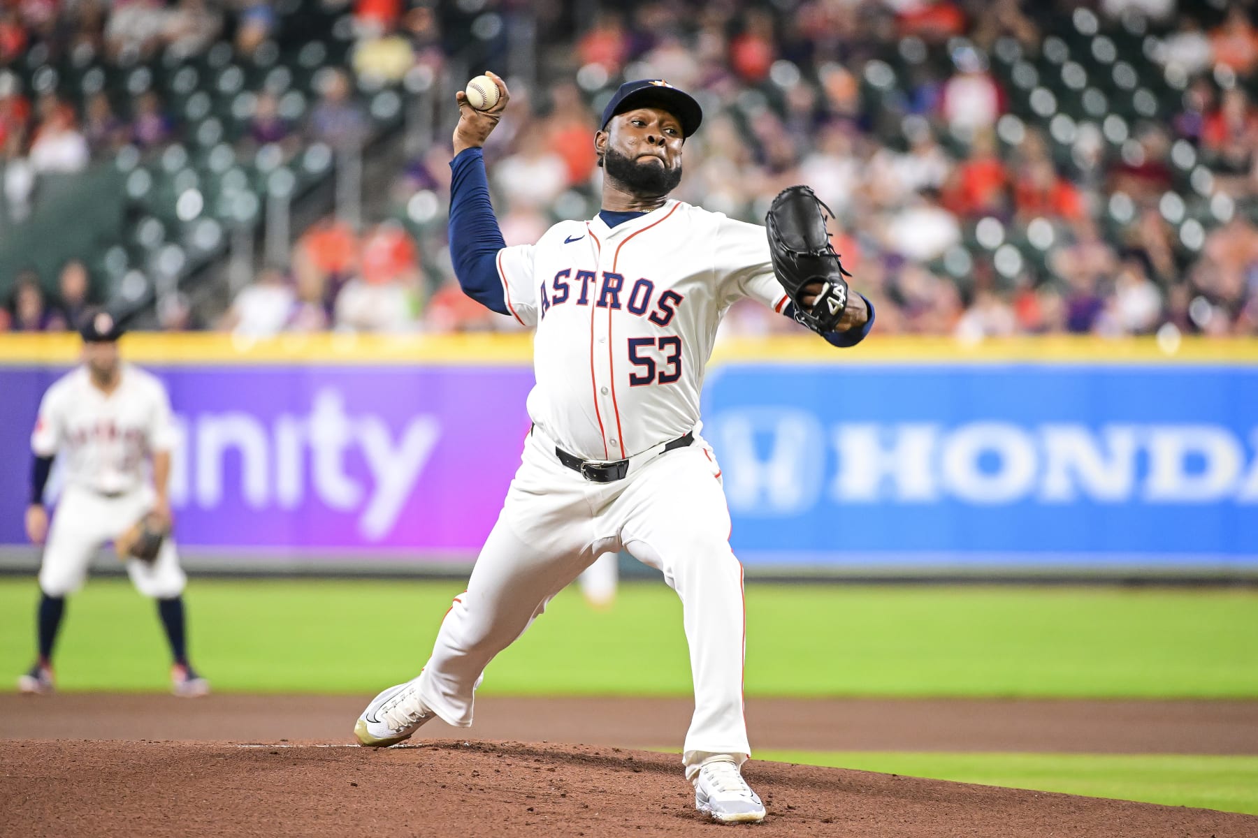 HOUSTON, TEXAS - MAY 21: Cristian Javier #53 of the Houston Astros pitches in the first inning against the Los Angeles Angels at Minute Maid Park on May 21, 2024 in Houston, Texas. (Photo by Logan Riely/Getty Images)