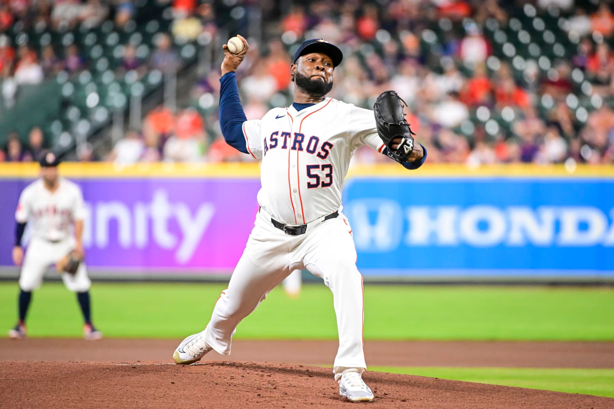 HOUSTON, TEXAS - MAY 21: Cristian Javier #53 of the Houston Astros pitches in the first inning against the Los Angeles Angels at Minute Maid Park on May 21, 2024 in Houston, Texas. (Photo by Logan Riely/Getty Images)