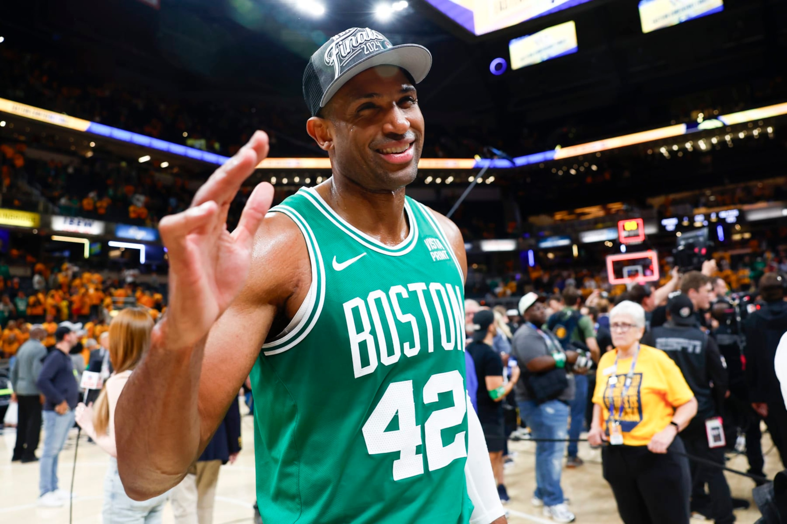 Indianapolis, IN - May 27: Boston Celtics center Al Horford celebrates winning Game 4 of the 2024 Eastern Conference Finals. (Photo by Danielle Parhizkaran/The Boston Globe via Getty Images)