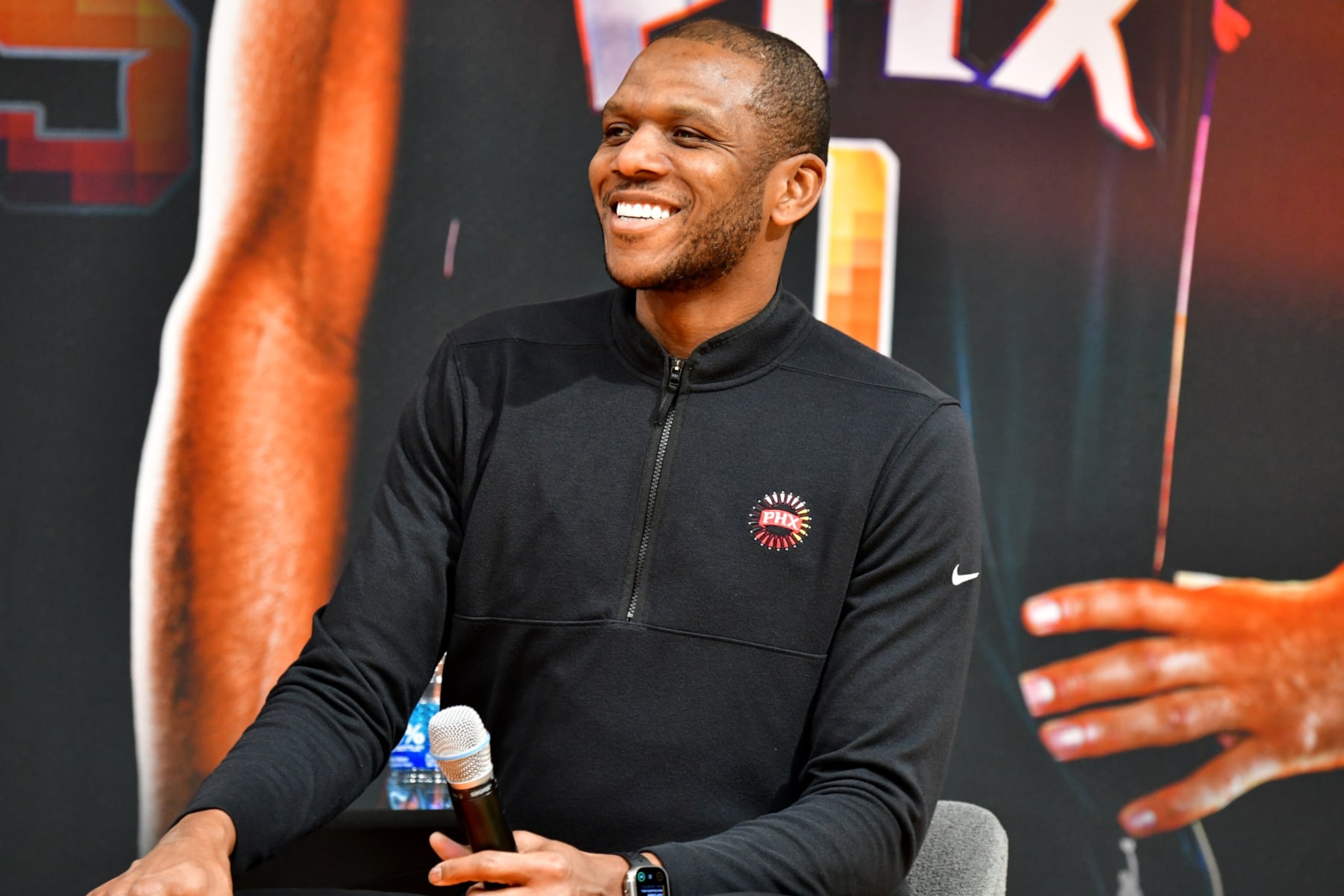 PHOENIX, AZ - FEBRUARY 16: General Manager James Jones of the Phoenix Suns looks on during a press conference introducing Kevin Durant to the Phoenix Suns on February 16, 2022 at Footprint Center in Phoenix, Arizona. NOTE TO USER: User expressly acknowledges and agrees that, by downloading and or using this photograph, user is consenting to the terms and conditions of the Getty Images License Agreement. Mandatory Copyright Notice: Copyright 2022 NBAE (Photo by Barry Gossage/NBAE via Getty Images) PHOENIX, AZ - FEBRUARY 16: General Manager James Jones of the Phoenix Suns looks on during a press conference introducing Kevin Durant to the Phoenix Suns on February 16, 2022 at Footprint Center in Phoenix, Arizona. NOTE TO USER: User expressly acknowledges and agrees that, by downloading and or using this photograph, user is consenting to the terms and conditions of the Getty Images License Agreement. Mandatory Copyright Notice: Copyright 2022 NBAE (Photo by Barry Gossage/NBAE via Getty Images)