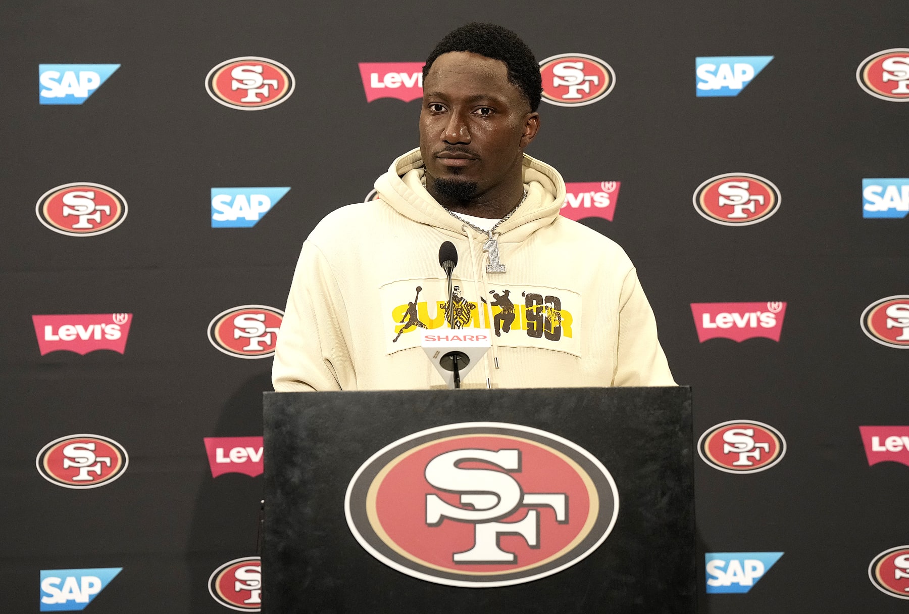 SANTA CLARA, CALIFORNIA - JUNE 04: Deebo Samuel #1 of the San Francisco 49ers speaks to the media during a press conference after a mini camp workout on June 04, 2024 in Santa Clara, California. (Photo by Thearon W. Henderson/Getty Images)