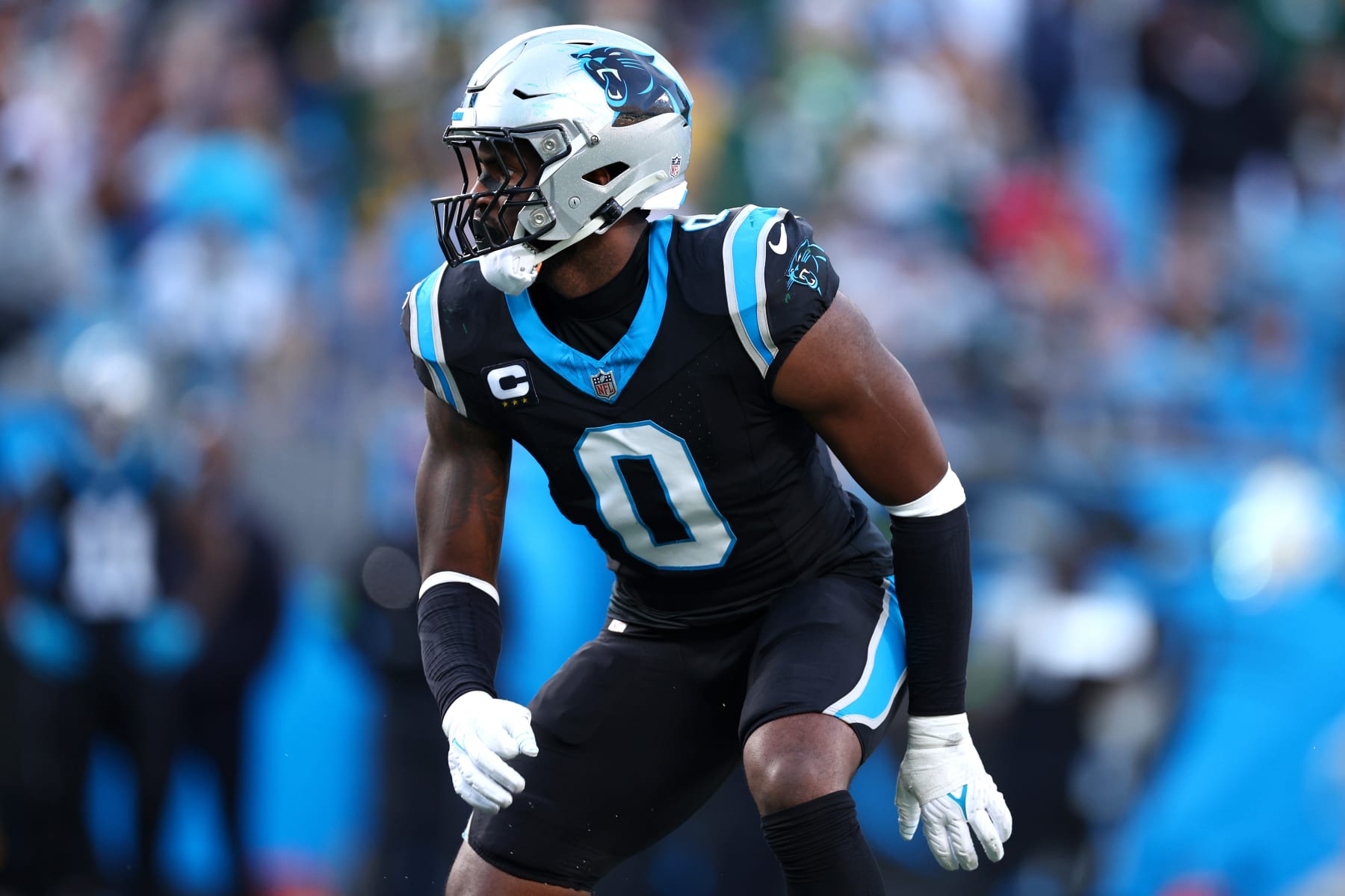 CHARLOTTE, NORTH CAROLINA - DECEMBER 24: Brian Burns #0 of the Carolina Panthers readies for the play during the second half of the game against the Green Bay Packers at Bank of America Stadium on December 24, 2023 in Charlotte, North Carolina. (Photo by Jared C. Tilton/Getty Images)