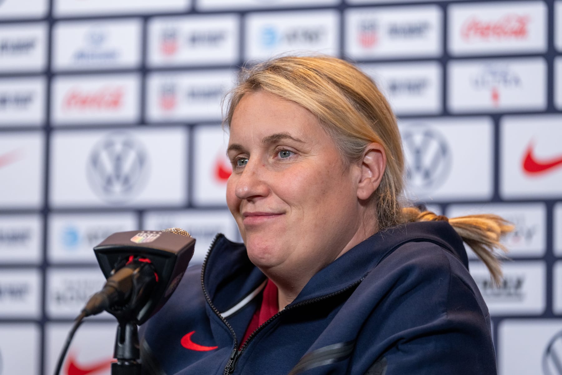 SAINT PAUL, MN - JUNE 3: Emma Hayes of the United States talks to the media before USWNT training at Allianz Field on June 3, 2024 in Saint Paul, Minnesota. (Photo by Brad Smith/ISI Photos/USSF/Getty Images for USSF)