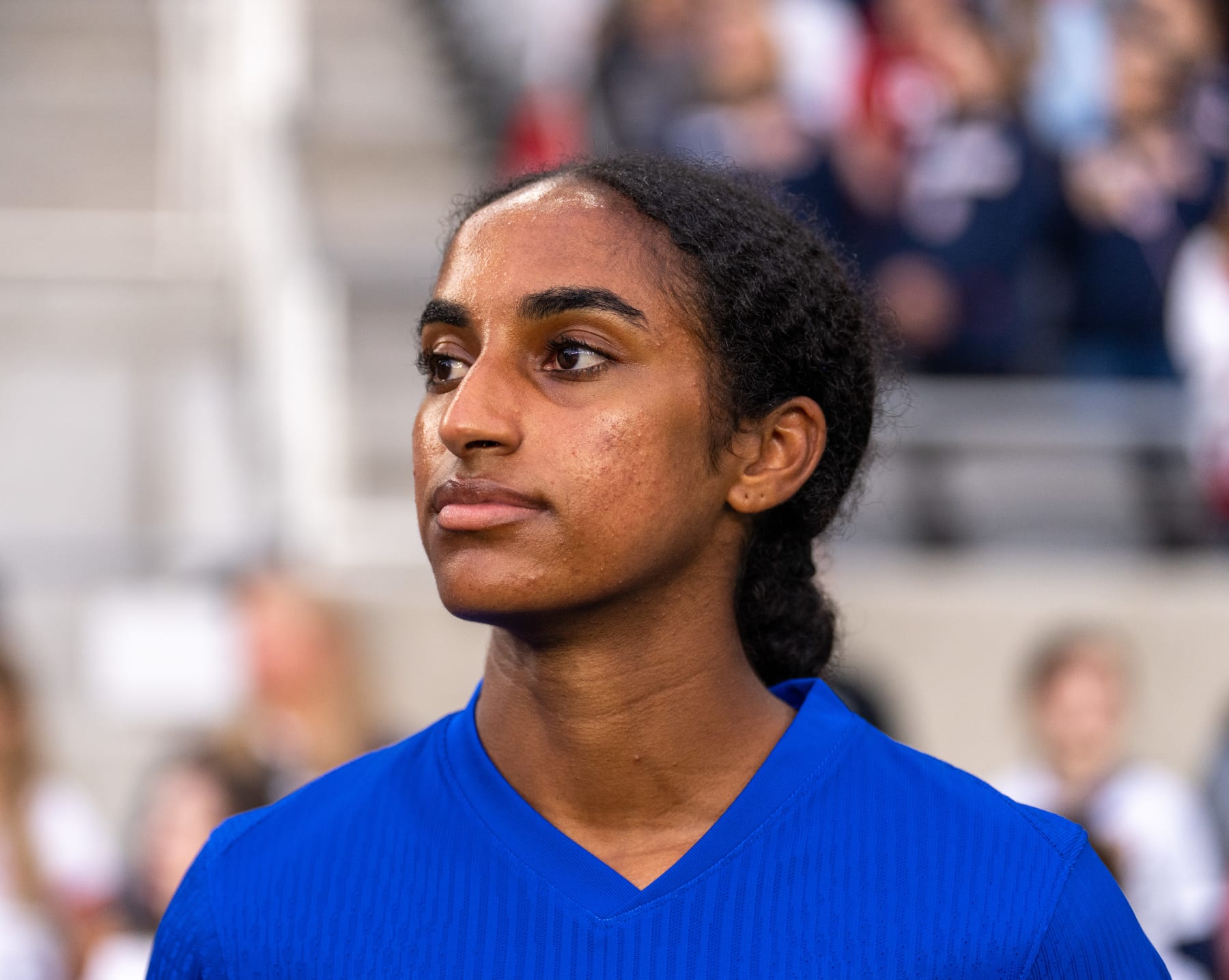 COLUMBUS, OH - APRIL 9: Naomi Girma #4 of the United States stands on the sideline before the SheBelieves Cup match between Canada and USWNT at Lower.com Field on April 9, 2024 in Columbus, Ohio. (Photo by Brad Smith/ISI Photos/USSF/Getty Images for USSF)