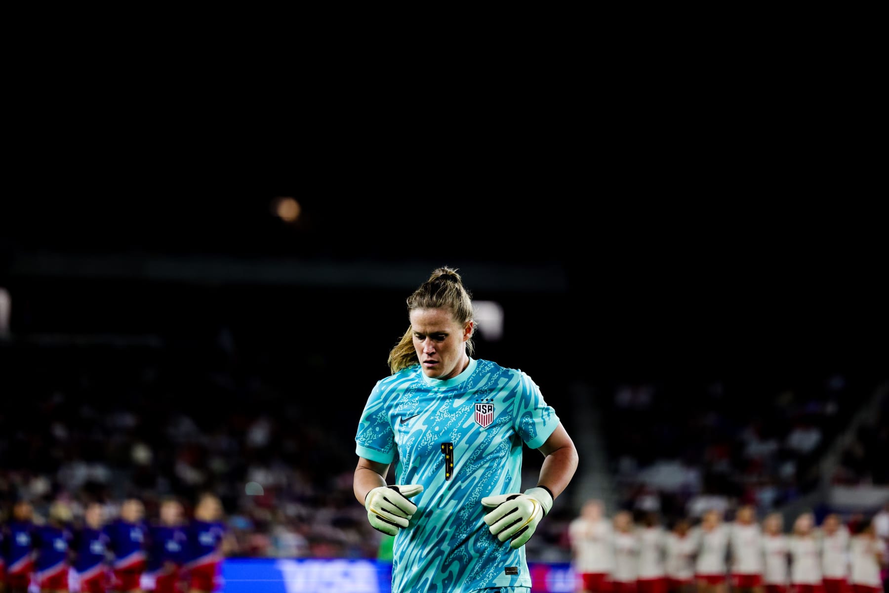COLUMBUS, OHIO - APRIL 09: Alyssa Naeher #1 of the United States during the penalty kick shootout against Canada in the 2024 SheBelieves Cup final match at Lower.com Field on April 09, 2024 in Columbus, Ohio. (Photo by Carmen Mandato/USSF/Getty Images for USSF)