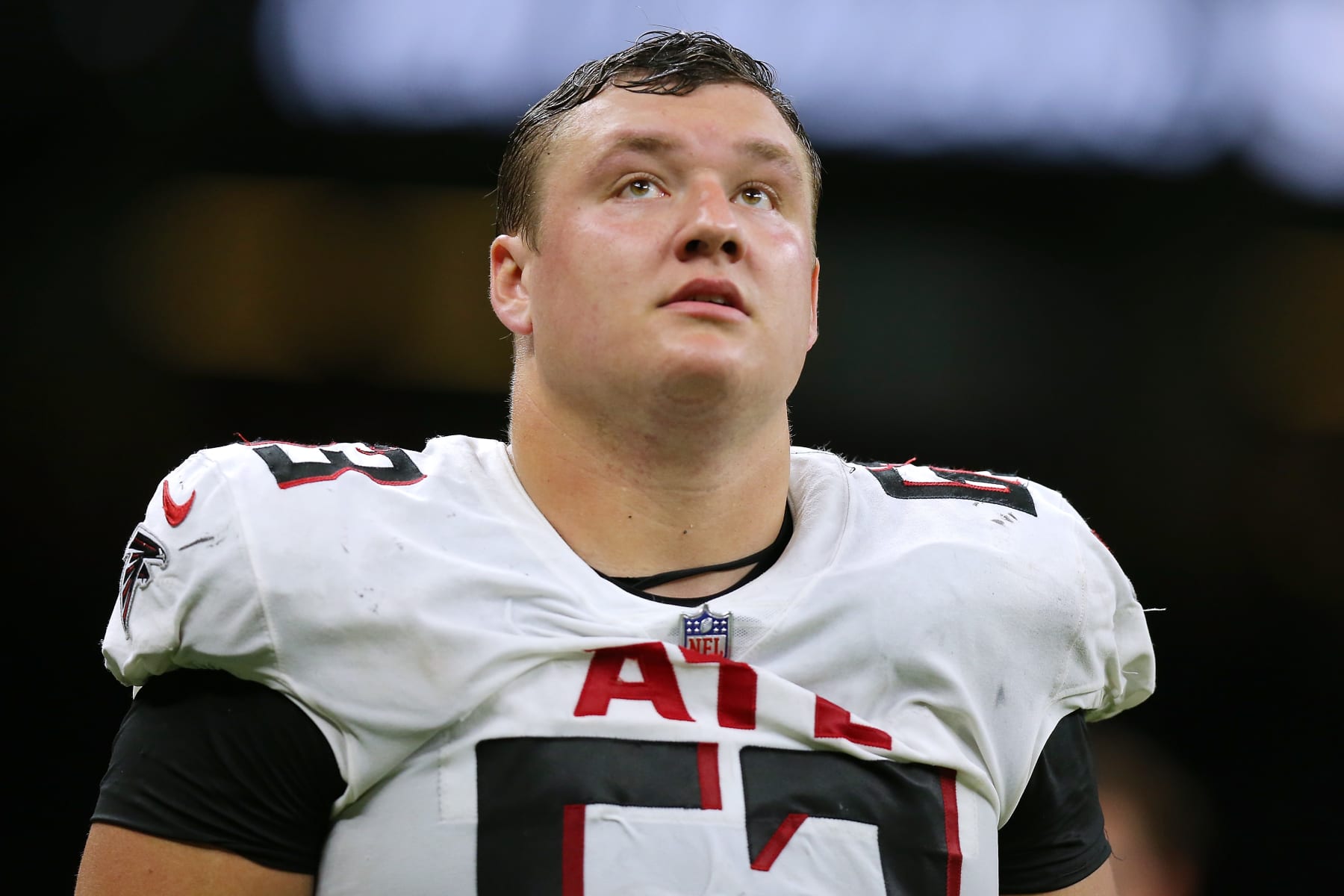NEW ORLEANS, LOUISIANA - NOVEMBER 07: Chris Lindstrom #63 of the Atlanta Falcons reacts against the New Orleans Saints during a game at the Caesars Superdome on November 07, 2021 in New Orleans, Louisiana. (Photo by Jonathan Bachman/Getty Images)