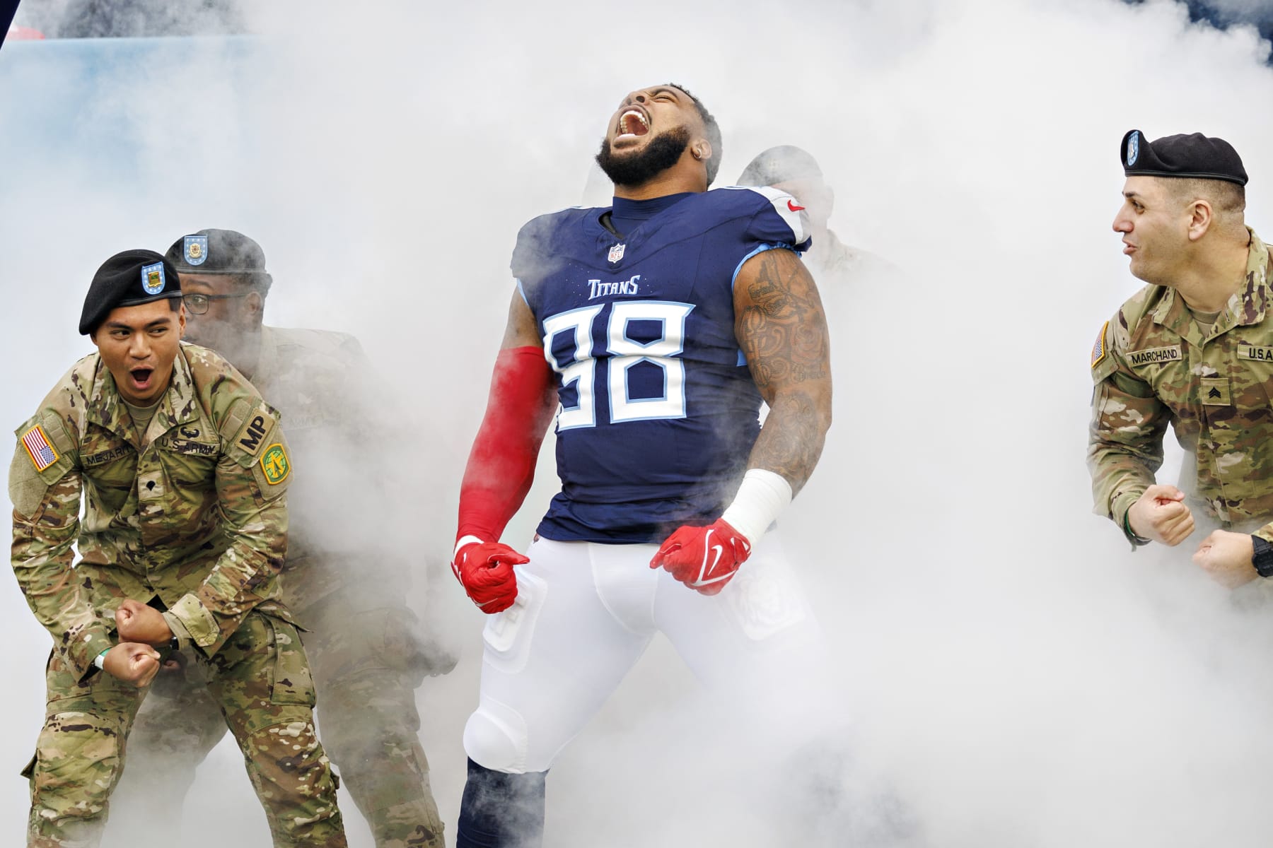 NASHVILLE, TENNESSEE - NOVEMBER 26: Jeffery Simmons #98 of the Tennessee Titans during introductions before the game against the Carolina Panthers at Nissan Stadium on November 26, 2023 in Nashville, Tennessee. The Titans defeated the Panthers 17-10. (Photo by Wesley Hitt/Getty Images)