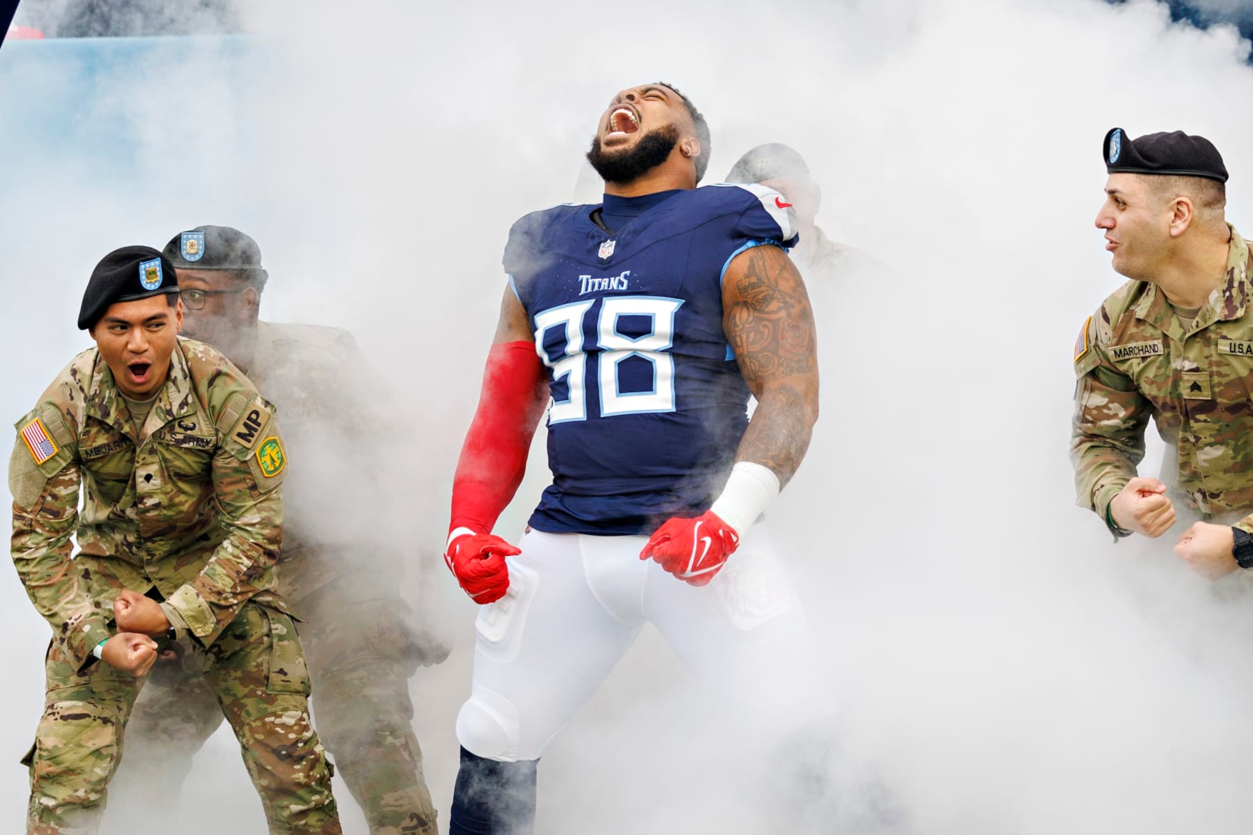NASHVILLE, TENNESSEE - NOVEMBER 26: Jeffery Simmons #98 of the Tennessee Titans during introductions before the game against the Carolina Panthers at Nissan Stadium on November 26, 2023 in Nashville, Tennessee. The Titans defeated the Panthers 17-10.  (Photo by Wesley Hitt/Getty Images)