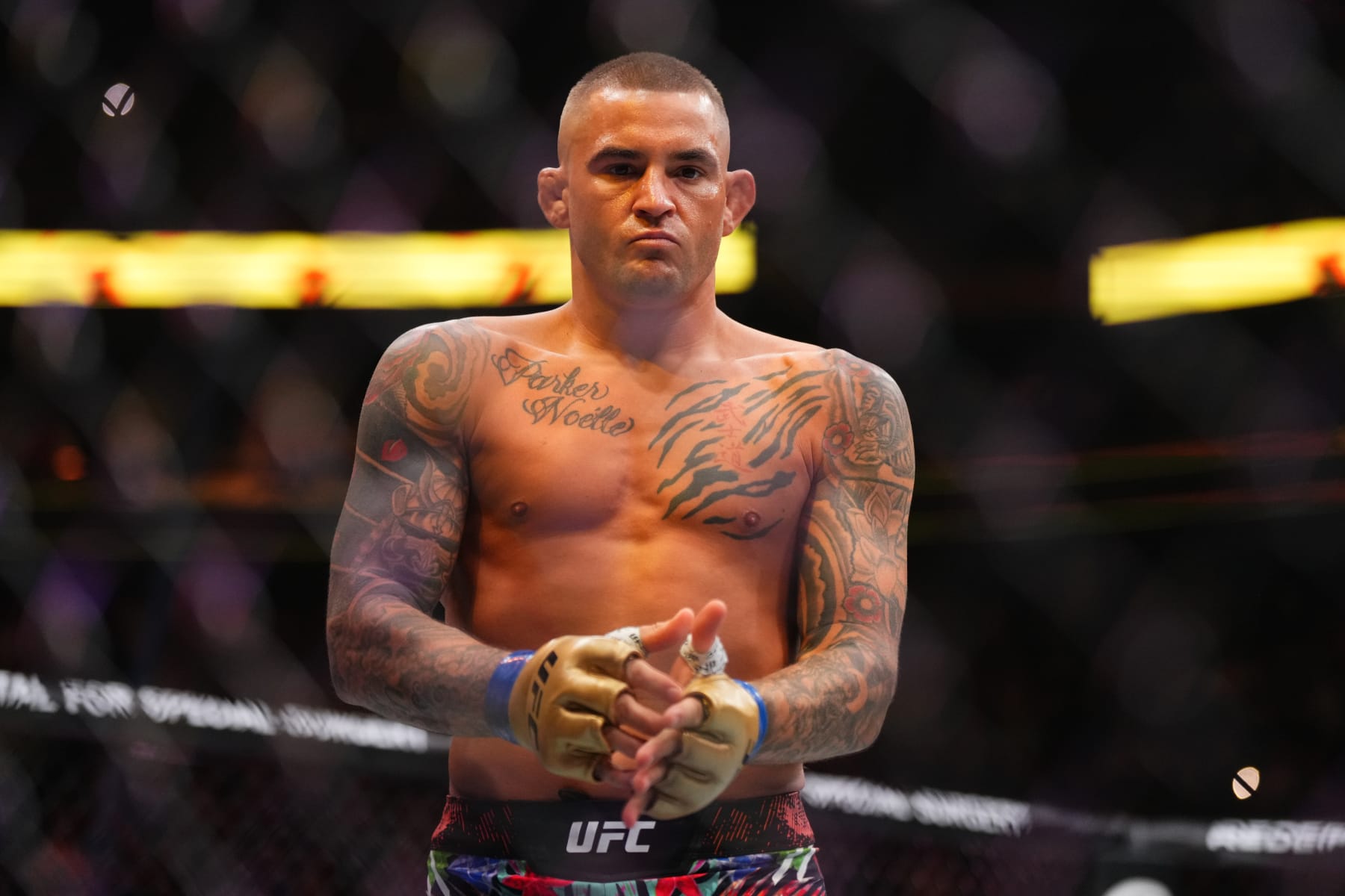 NEWARK, NEW JERSEY - JUNE 01: Dustin Poirier prepares to face Islam Makhachev of Russia in the UFC lightweight championship fight during the UFC 302 event at Prudential Center on June 01, 2024 in Newark, New Jersey. (Photo by Cooper Neill/Zuffa LLC via Getty Images)