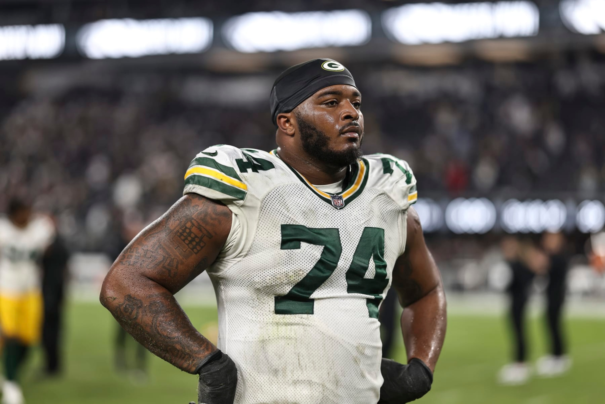 LAS VEGAS, NEVADA - OCTOBER 09: Elgton Jenkins #74 of the Green Bay Packers looks on as he walks off the field following an NFL football game between the Las Vegas Raiders and the Green Bay Packers at Allegiant Stadium on October 09, 2023 in Las Vegas, Nevada. (Photo by Michael Owens/Getty Images)