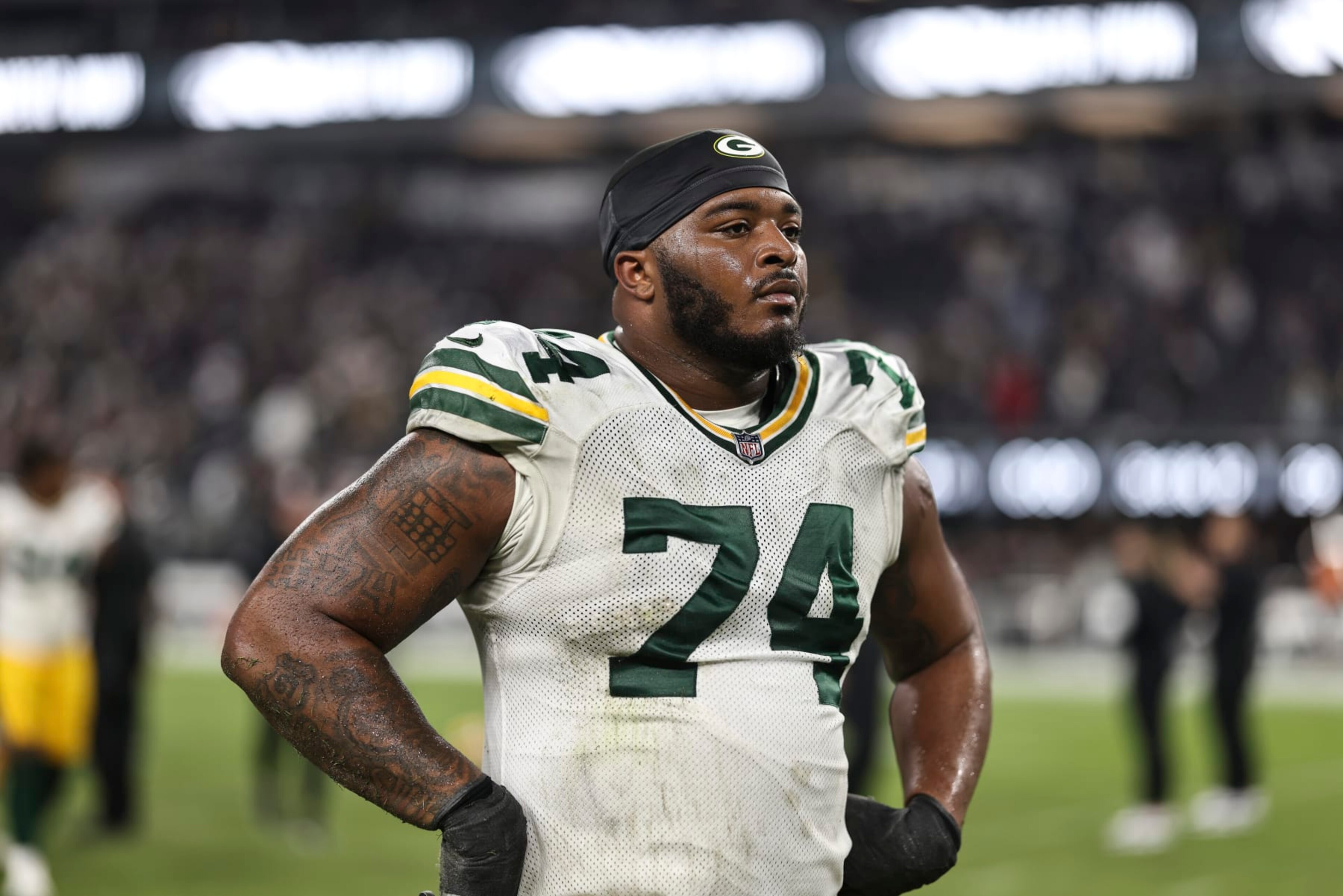 LAS VEGAS, NEVADA - OCTOBER 09: Elgton Jenkins #74 of the Green Bay Packers looks on as he walks off the field following an NFL football game between the Las Vegas Raiders and the Green Bay Packers at Allegiant Stadium on October 09, 2023 in Las Vegas, Nevada. (Photo by Michael Owens/Getty Images) LAS VEGAS, NEVADA - OCTOBER 09: Elgton Jenkins #74 of the Green Bay Packers looks on as he walks off the field following an NFL football game between the Las Vegas Raiders and the Green Bay Packers at Allegiant Stadium on October 09, 2023 in Las Vegas, Nevada. (Photo by Michael Owens/Getty Images)