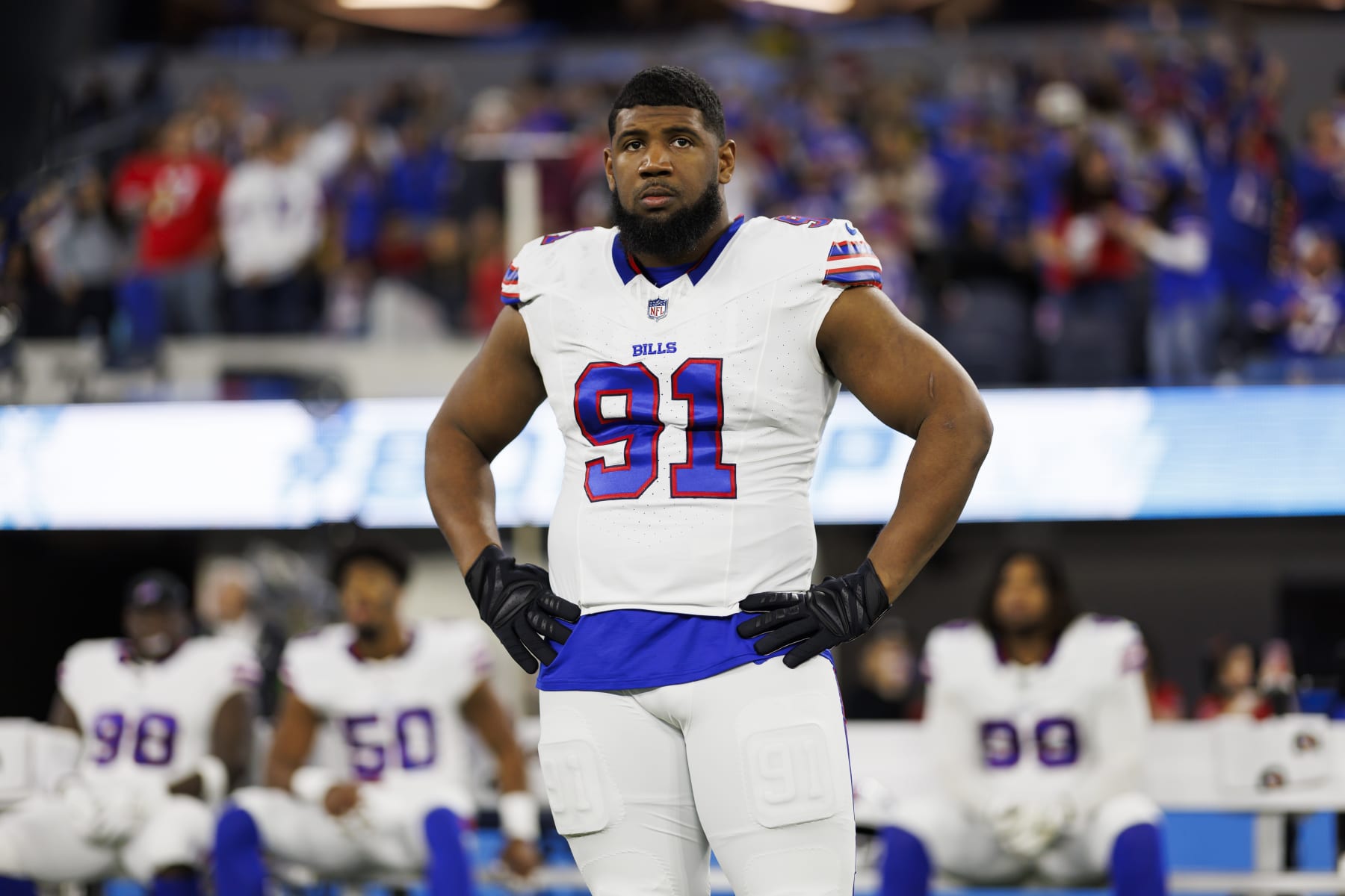 INGLEWOOD, CA - DECEMBER 23: Ed Oliver #91 of the Buffalo Bills looks on from the sideline before an NFL football game against the Los Angeles Chargers at SoFi Stadium on December 23, 2023 in Inglewood, California. (Photo by Ryan Kang/Getty Images)