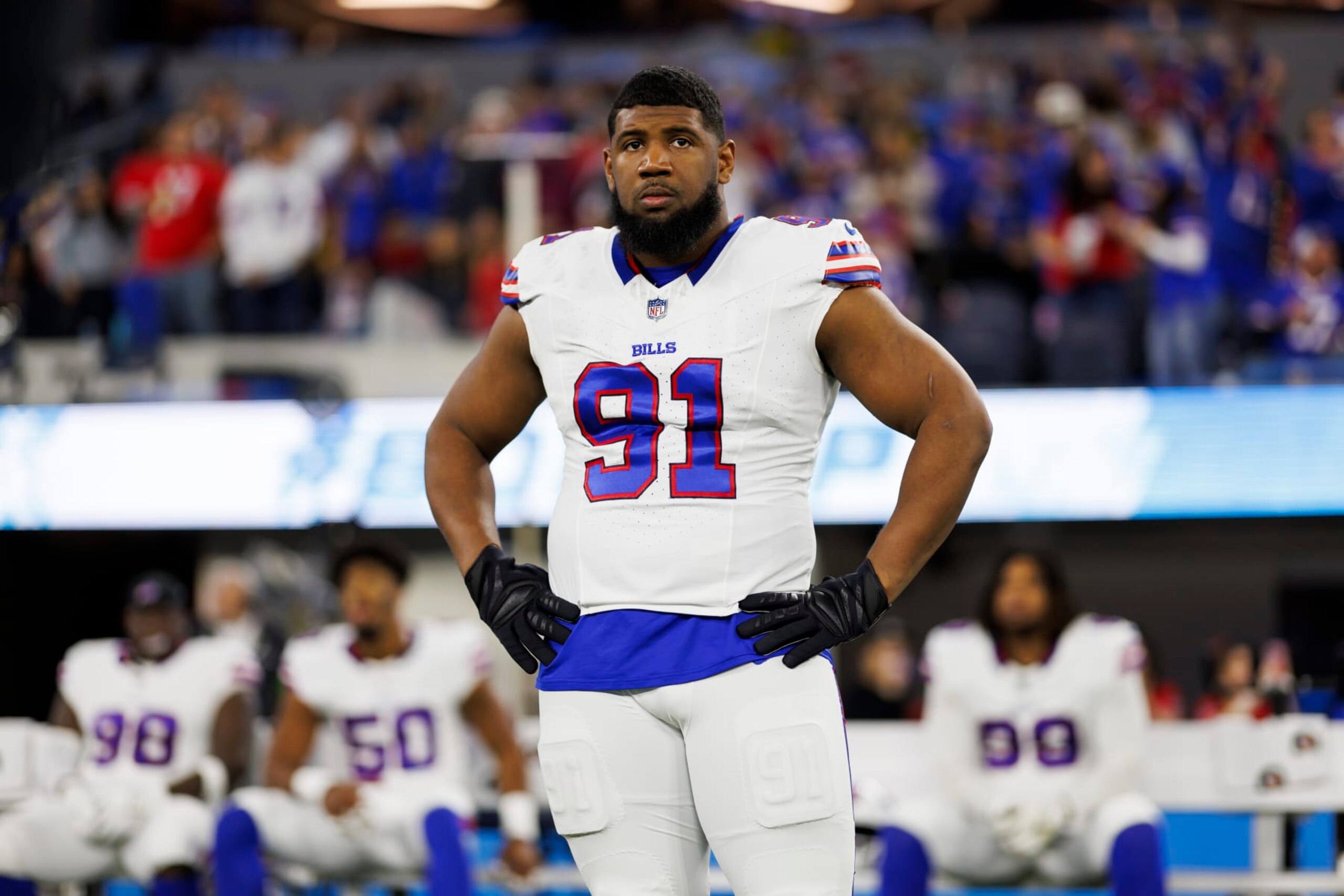 INGLEWOOD, CA - DECEMBER 23: Ed Oliver #91 of the Buffalo Bills looks on from the sideline before an NFL football game against the Los Angeles Chargers at SoFi Stadium on December 23, 2023 in Inglewood, California. (Photo by Ryan Kang/Getty Images)